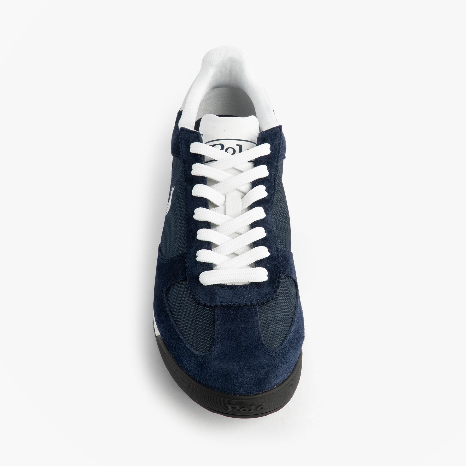 Polo Ralph Lauren Mens Varick Suede & Oxford Lace Up Trainer Navy top view with white laces on a navy suede upper.