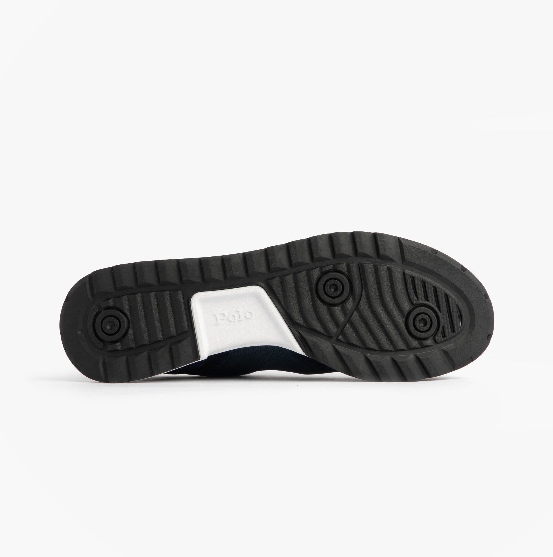 Polo Ralph Lauren Mens Varick Suede & Oxford Lace Up Trainer Navy bottom view with rubber sole details.