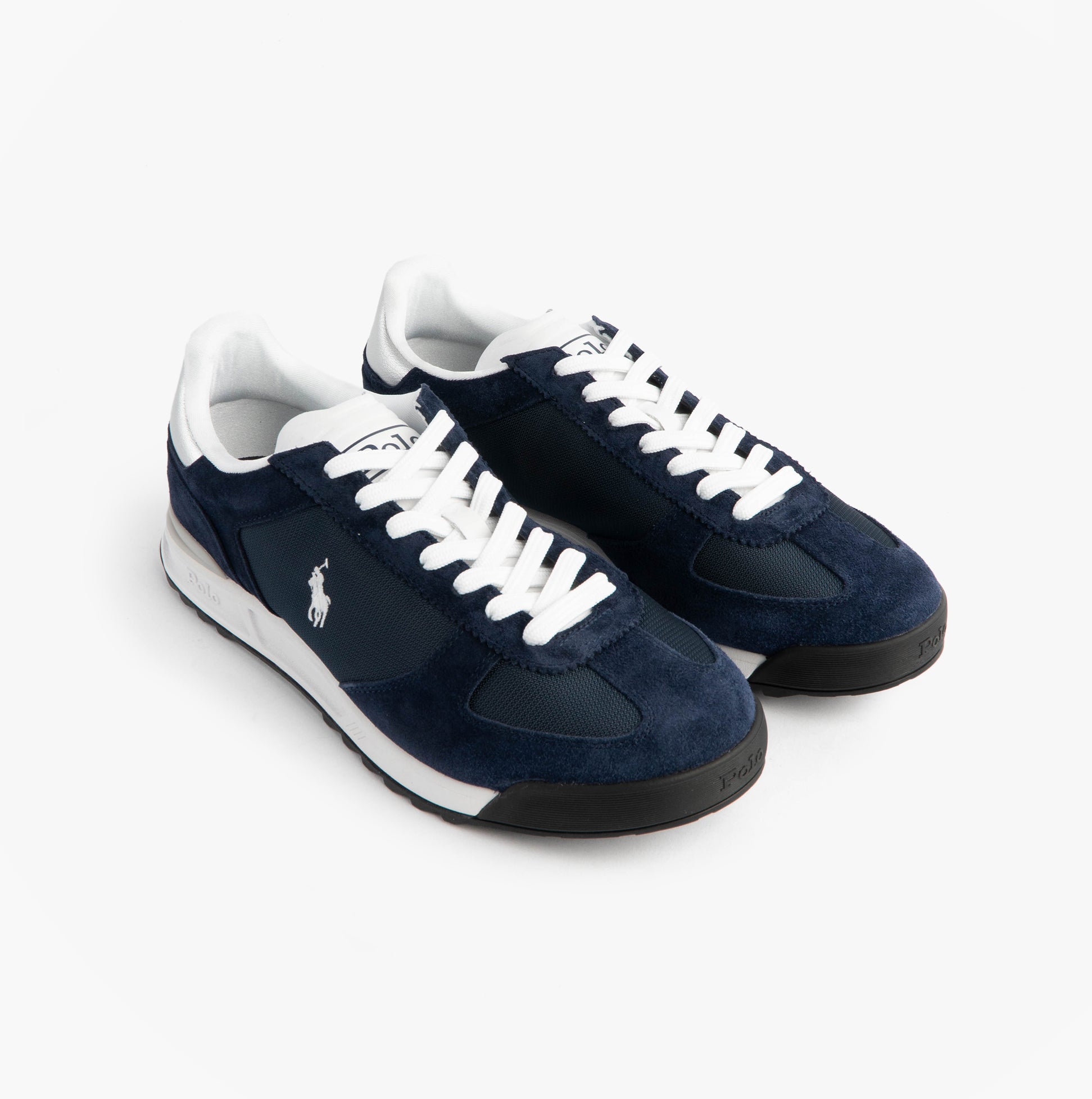 Polo Ralph Lauren Mens Varick Suede & Oxford Lace Up Trainer Navy top view with white laces, suede detailing and logo.