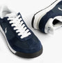 Polo Ralph Lauren Mens Varick Suede & Oxford Lace Up Trainer Navy top view showcasing laces and suede detailing.