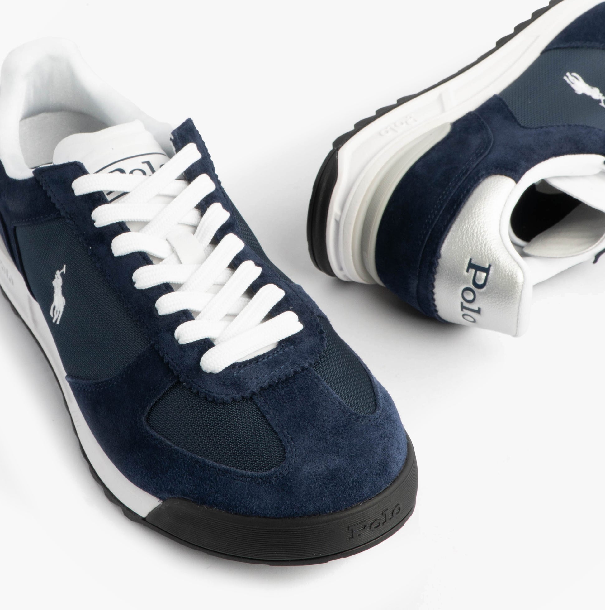 Polo Ralph Lauren Mens Varick Suede & Oxford Lace Up Trainer Navy top view showcasing laces and suede detailing.