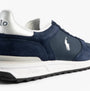 Polo Ralph Lauren Mens Varick Suede & Oxford Lace Up Trainer Navy side view showcasing suede and mesh details.