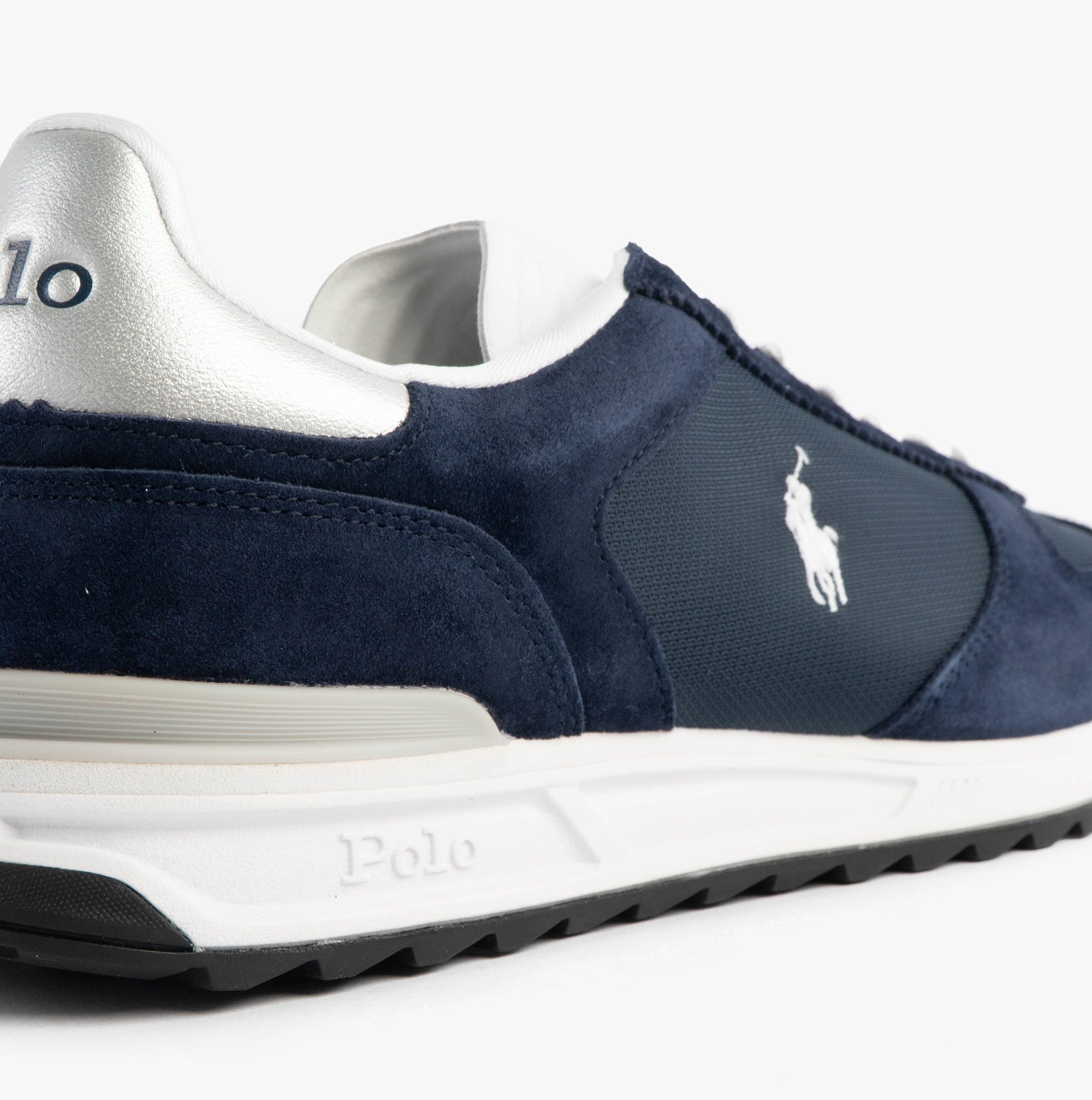 Polo Ralph Lauren Mens Varick Suede & Oxford Lace Up Trainer Navy side view showcasing suede and mesh details.