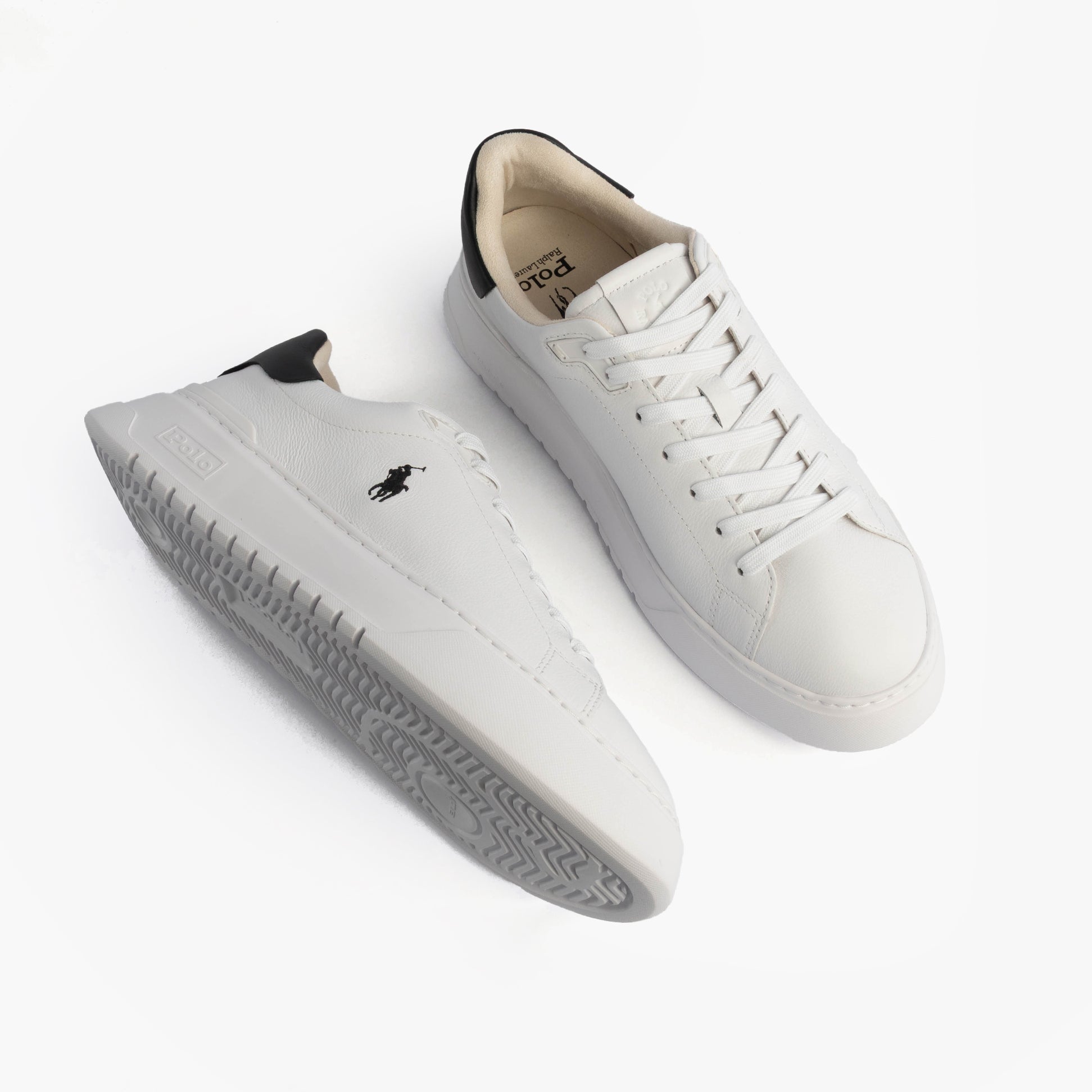 Polo Ralph Lauren RLITE COURT Mens Trainers White/Black top view with lace-up design, leather upper, and low top profile.