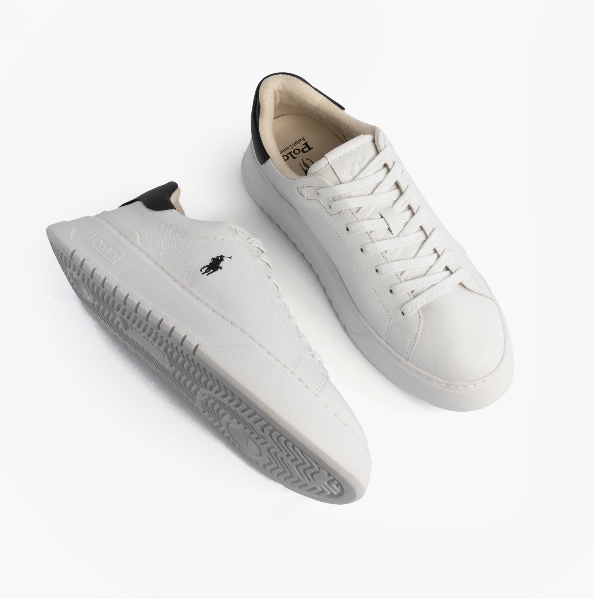 Polo Ralph Lauren RLITE COURT Mens Trainers White/Black top view with lace-up design, leather upper, and low top profile.