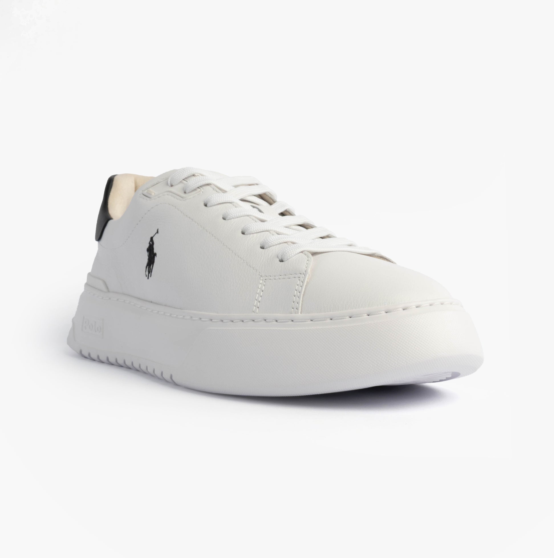 Polo Ralph Lauren RLITE COURT Mens Trainers White/Black side view showcasing leather upper and lace-up design.