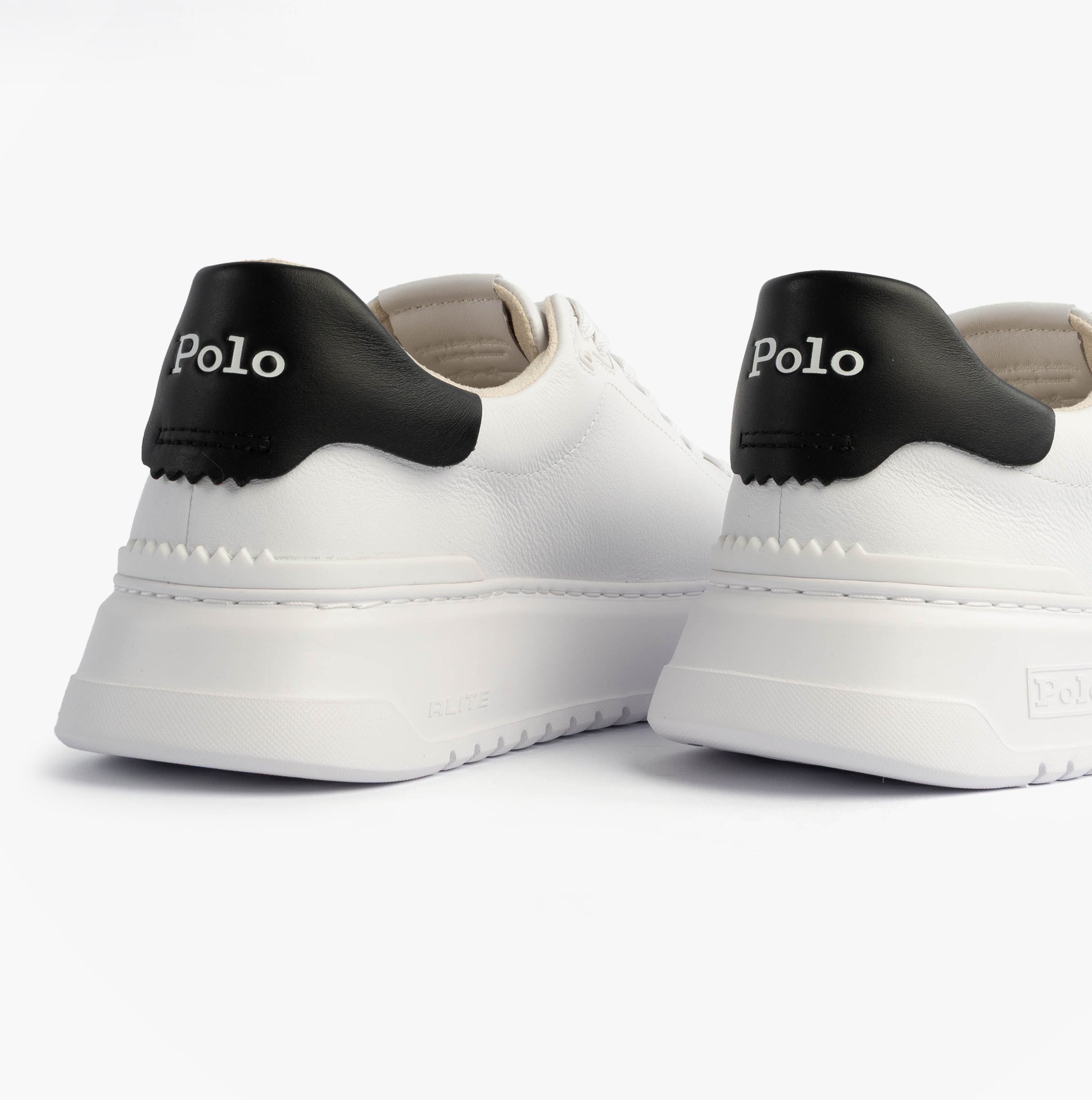 Polo Ralph Lauren RLITE COURT Mens Trainers White/Black back view with black heel detail and leather upper.