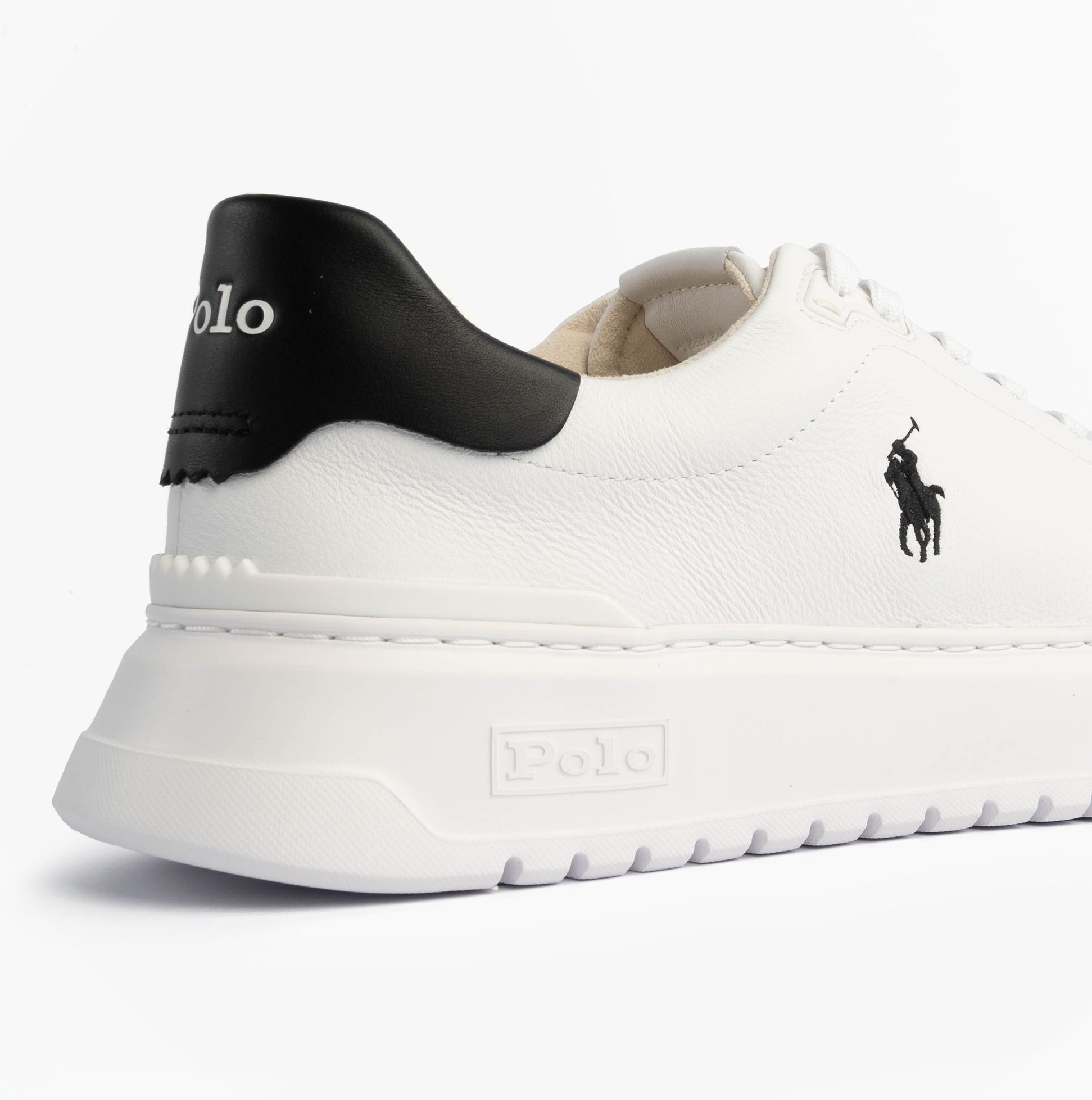 Polo Ralph Lauren RLITE COURT Mens Trainers White/Black side view showing leather upper and black heel detail.