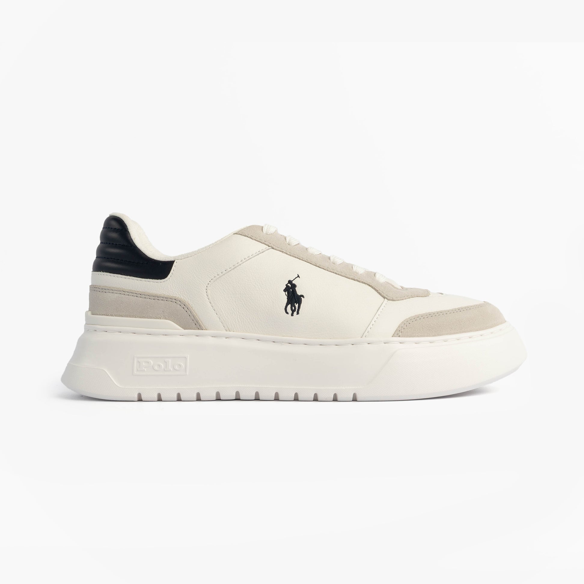 Polo Ralph Lauren RLITE SPORT Mens Trainers Deckwash White/Navy side view showing leather upper and lace-up design.