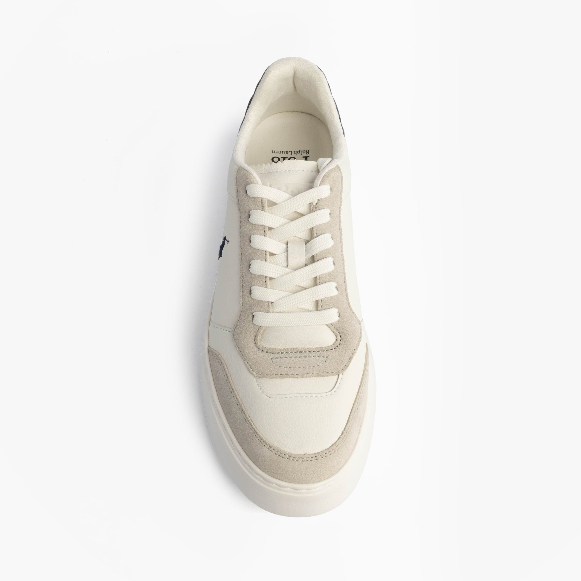 Polo Ralph Lauren RLITE SPORT Mens Trainers Deckwash White/Navy top view with lace-up closure and leather upper