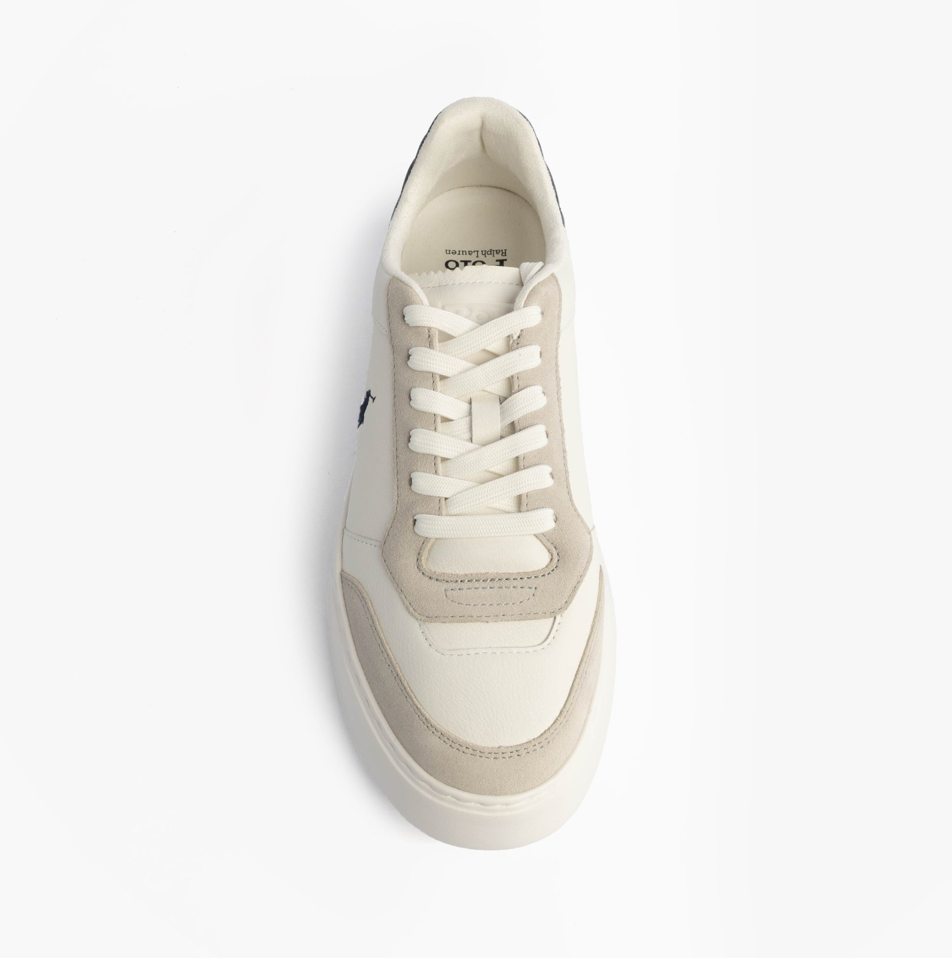 Polo Ralph Lauren RLITE SPORT Mens Trainers Deckwash White/Navy top view with lace-up closure and leather upper