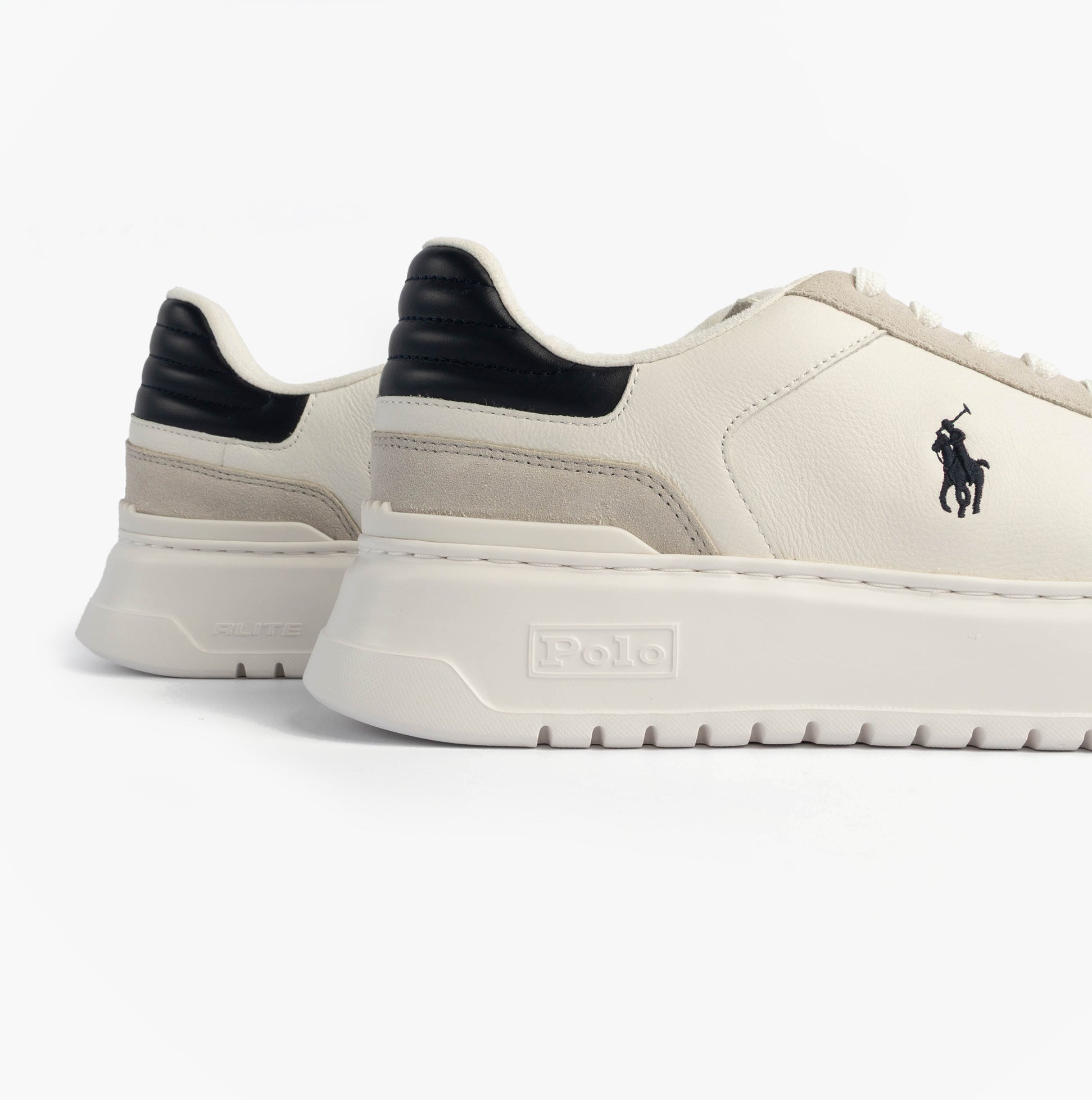 Polo Ralph Lauren RLITE SPORT Mens Trainers Deckwash White/Navy side view showing sleek upper and comfortable sole.
