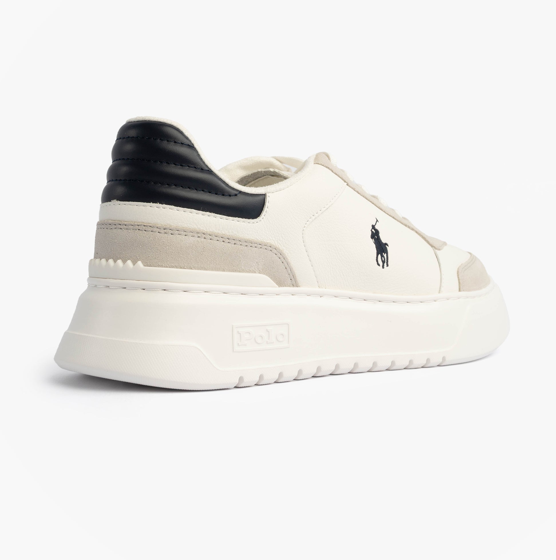 Polo Ralph Lauren RLITE SPORT Mens Trainers Deckwash White/Navy side view with leather and textile details.