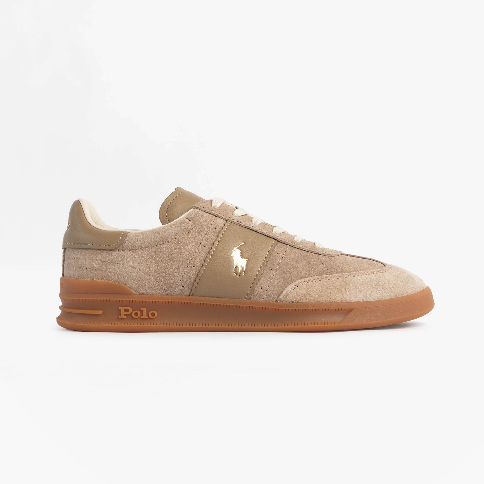 Polo Ralph Lauren Heritage Aera Mens Lace Up Suede Trainer Dirty Buck side view showing suede upper and rubber sole.