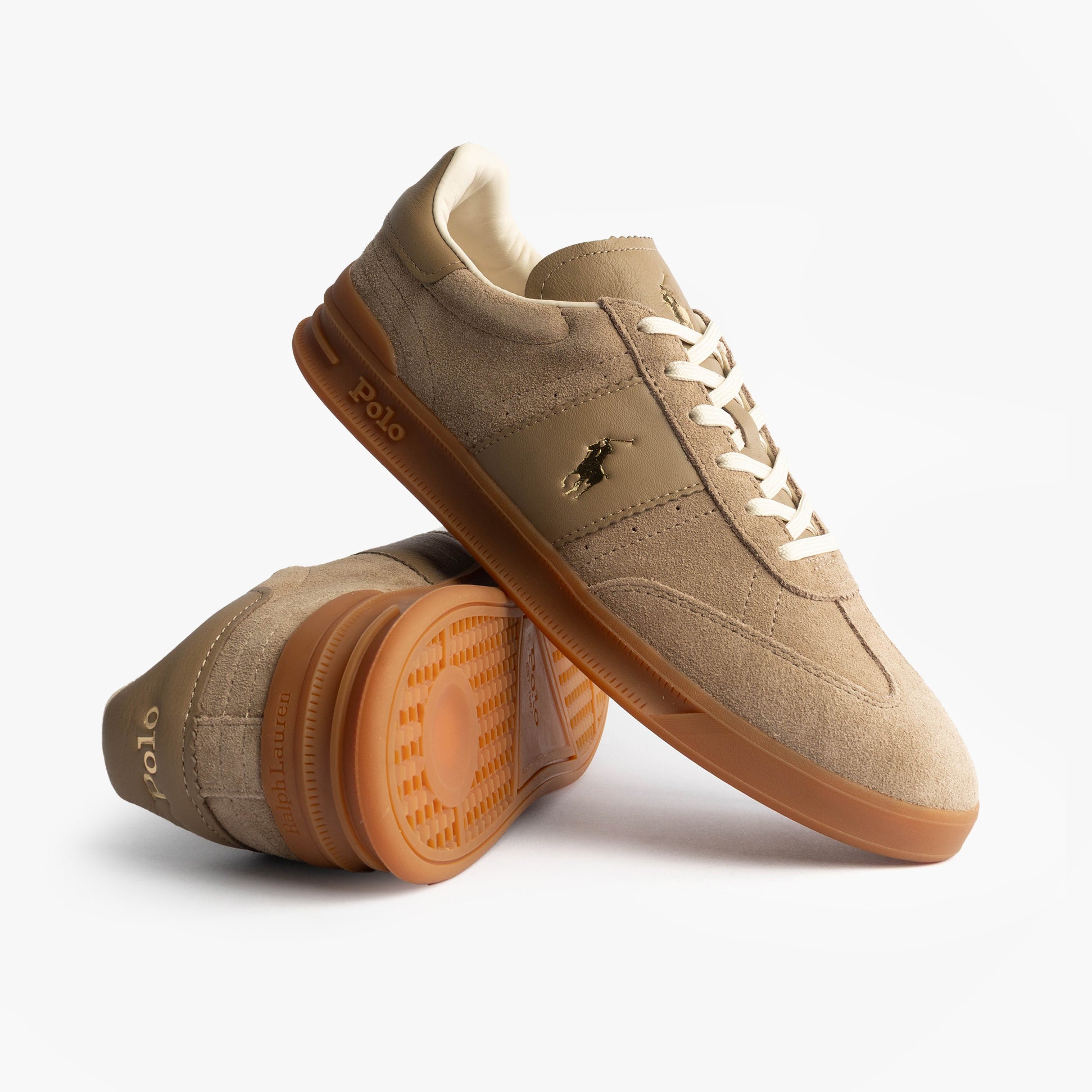 Polo Ralph Lauren Heritage Aera Mens Lace Up Suede Trainer Dirty Buck side view with light brown suede and rubber sole.