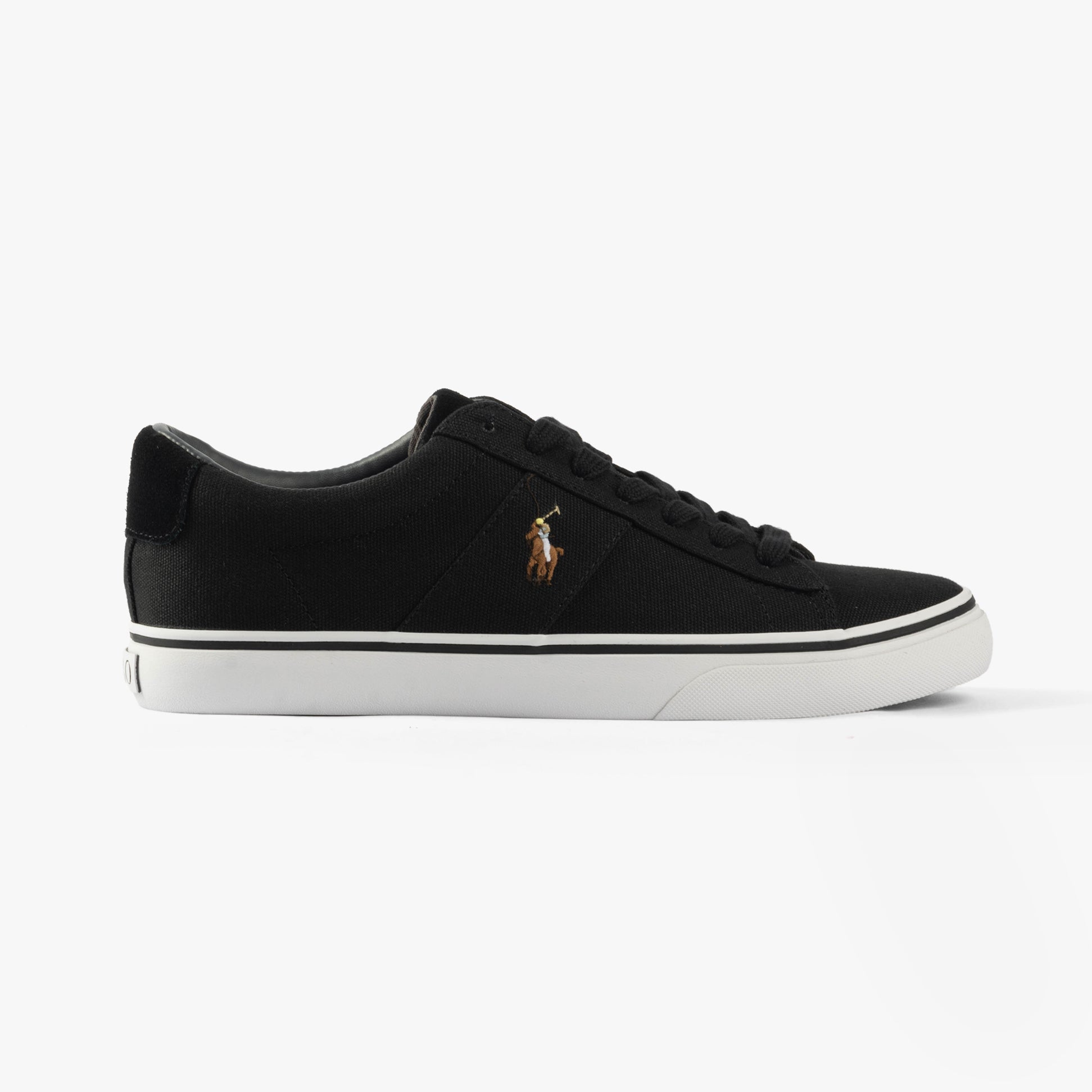 Polo Ralph Lauren SAYER Mens Trainers Black side view showing lace-up design and logo detail on upper.