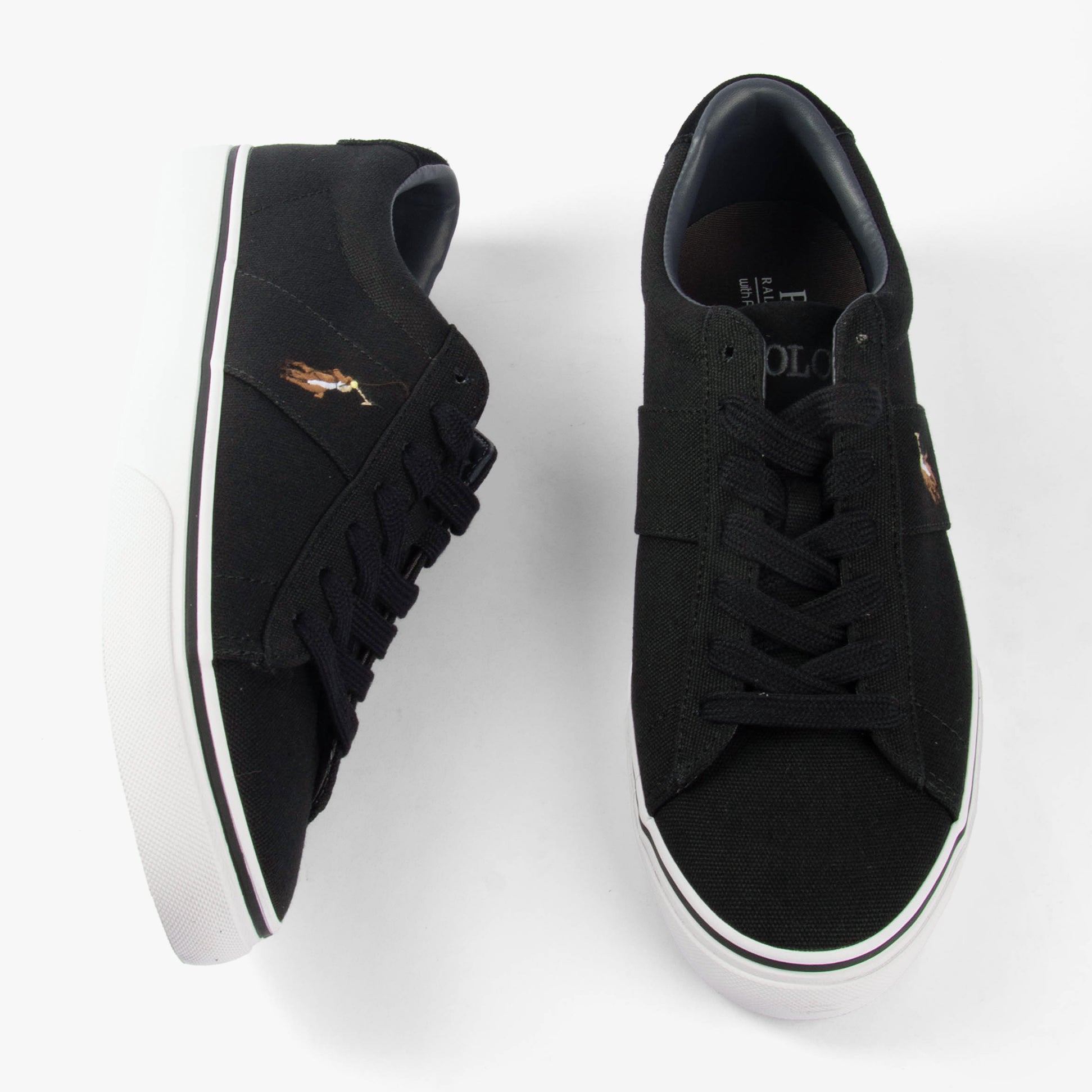 Polo Ralph Lauren SAYER Mens Trainers Black top view showing lace-up design and logo on a canvas upper.