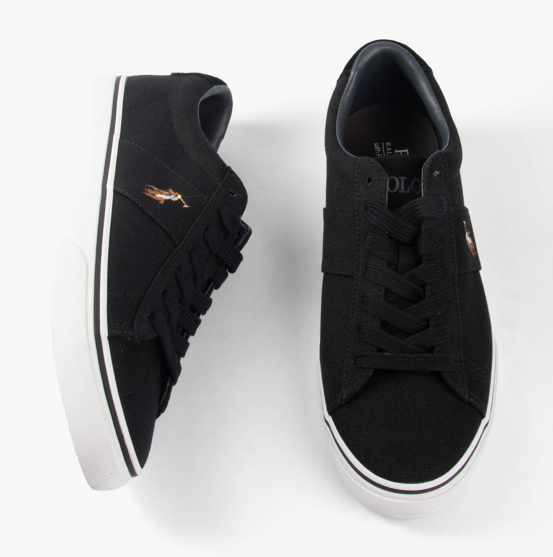 Polo Ralph Lauren SAYER Mens Trainers Black top view showing lace-up design and logo on a canvas upper.