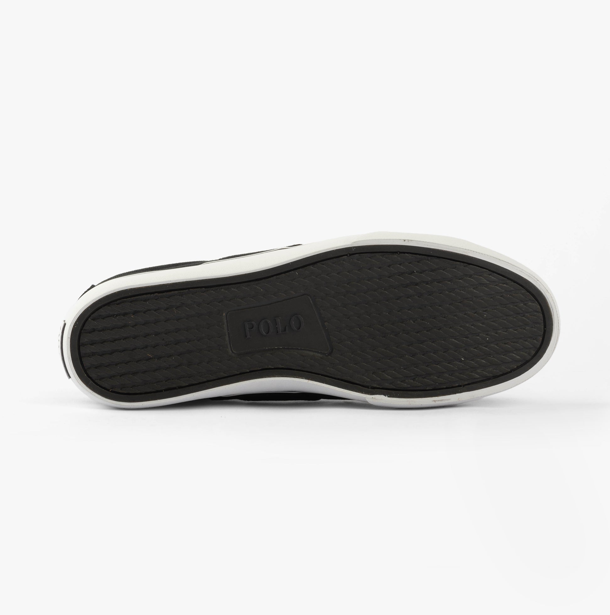 Polo Ralph Lauren SAYER Mens Trainers Black bottom view showing rubber sole with Polo branding.
