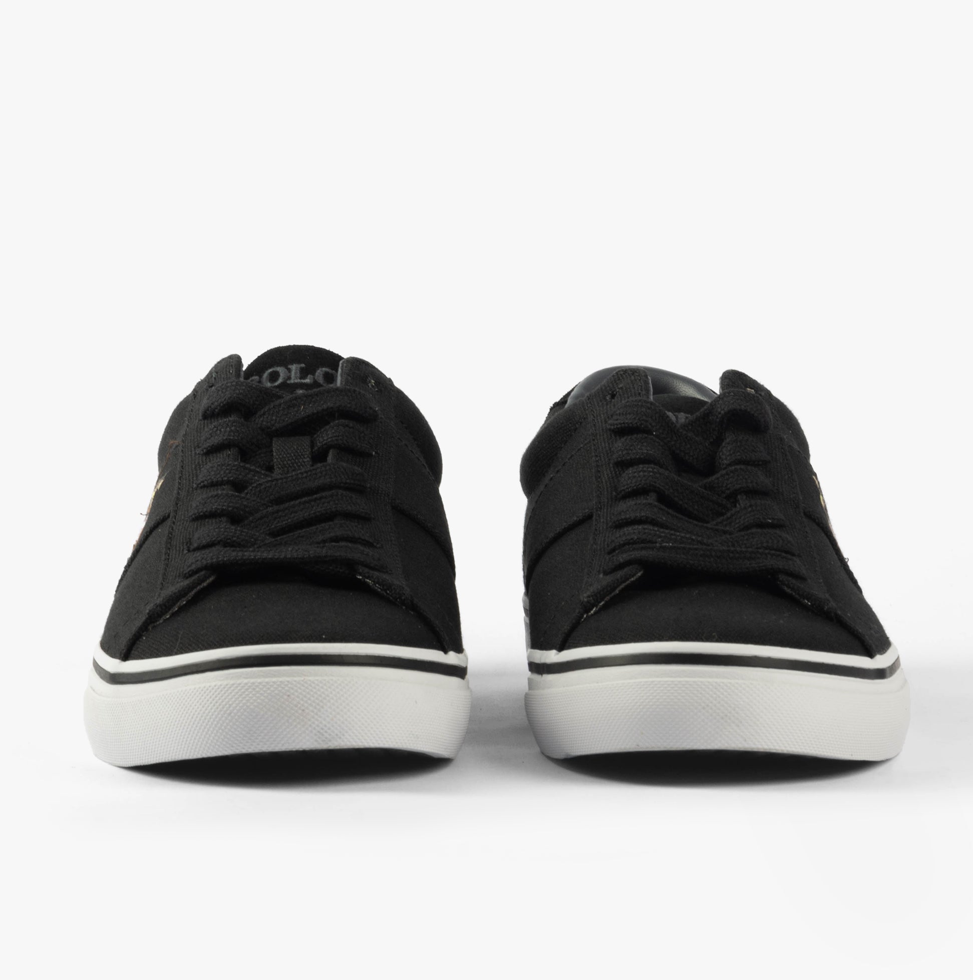 Polo Ralph Lauren SAYER Mens Trainers Black front view, comfortable lace-up shoes with fabric upper and rubber sole.