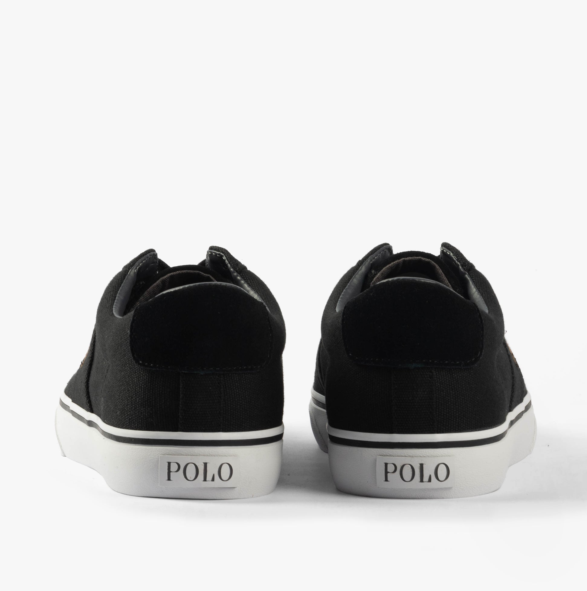 Polo Ralph Lauren SAYER Mens Trainers Black back view showing leather and fabric upper with rubber sole.