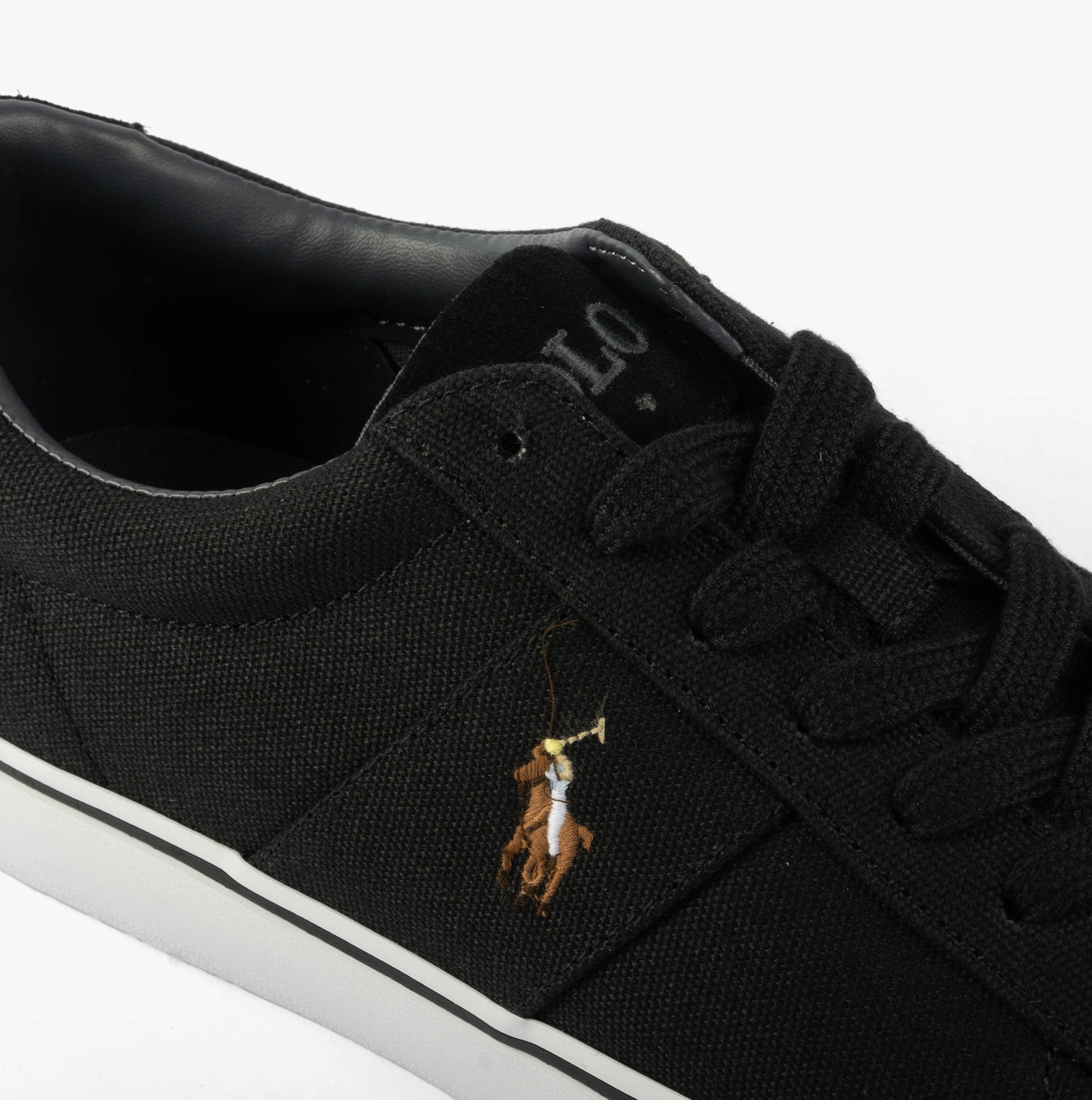 Polo Ralph Lauren SAYER Mens Trainers Black detail view showing logo and lace-up design