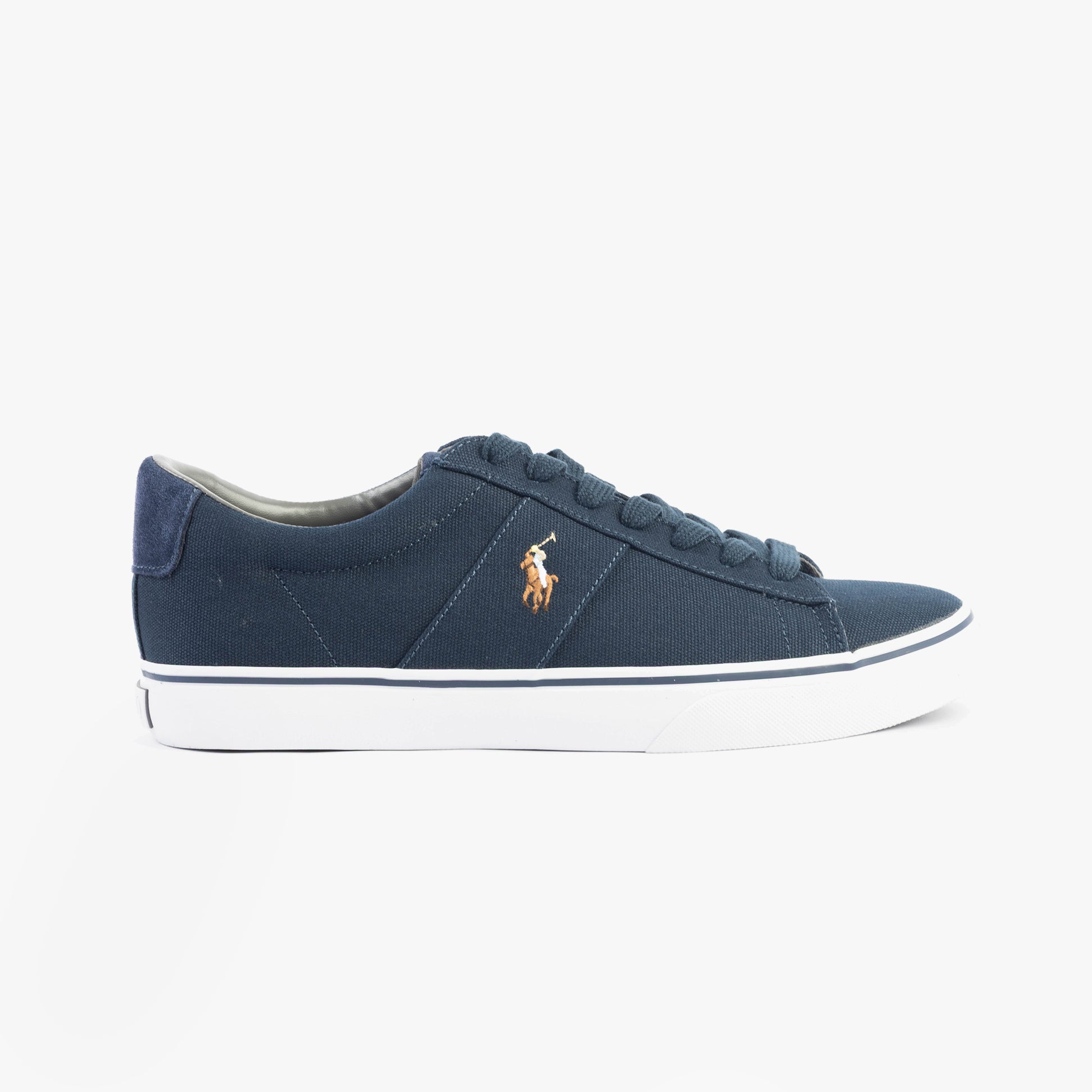 Polo Ralph Lauren SAYER Mens Trainers Aviator Navy side view showcasing canvas upper and lace-up design.