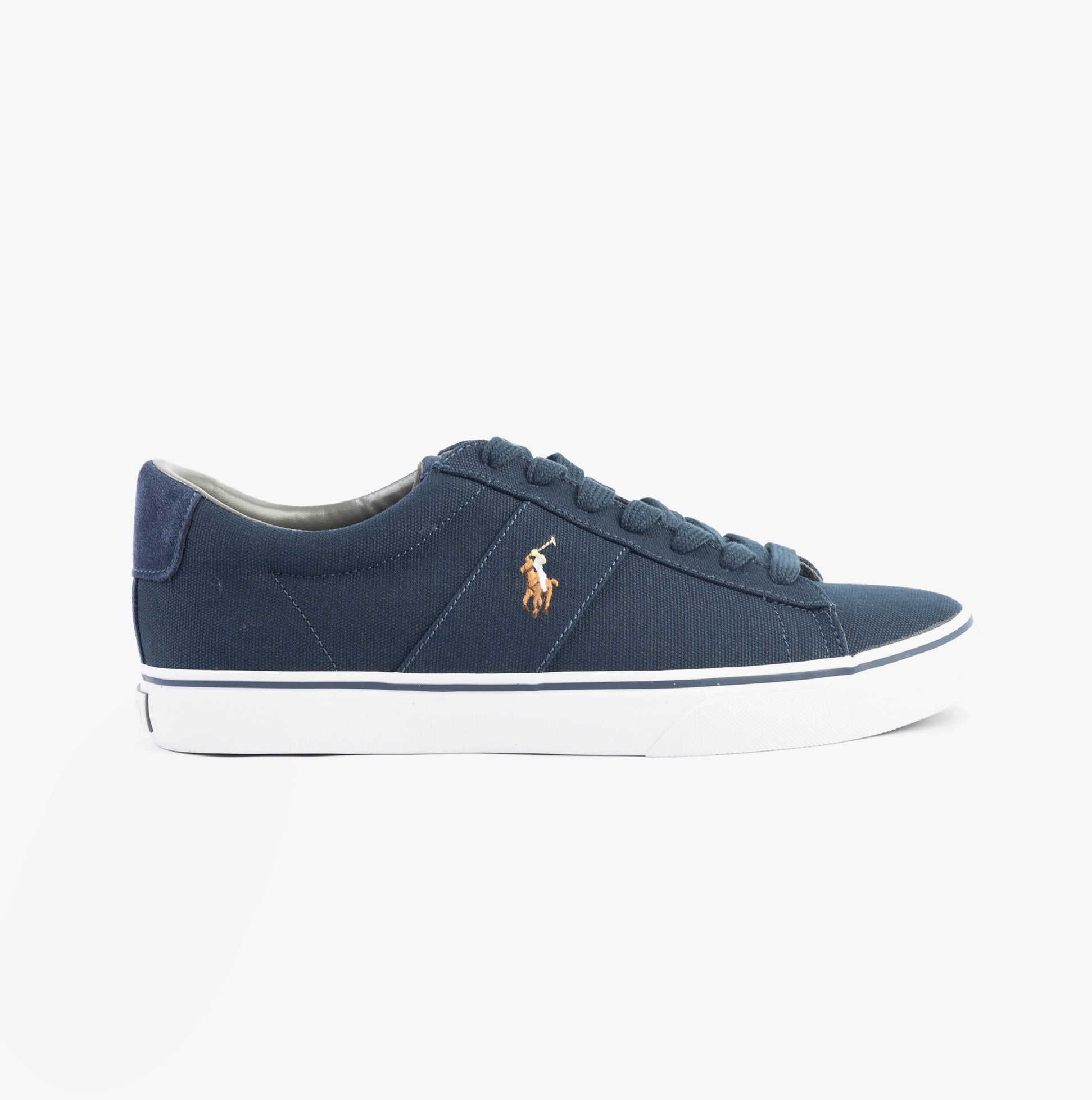 Polo Ralph Lauren SAYER Mens Trainers Aviator Navy side view showcasing canvas upper and lace-up design.