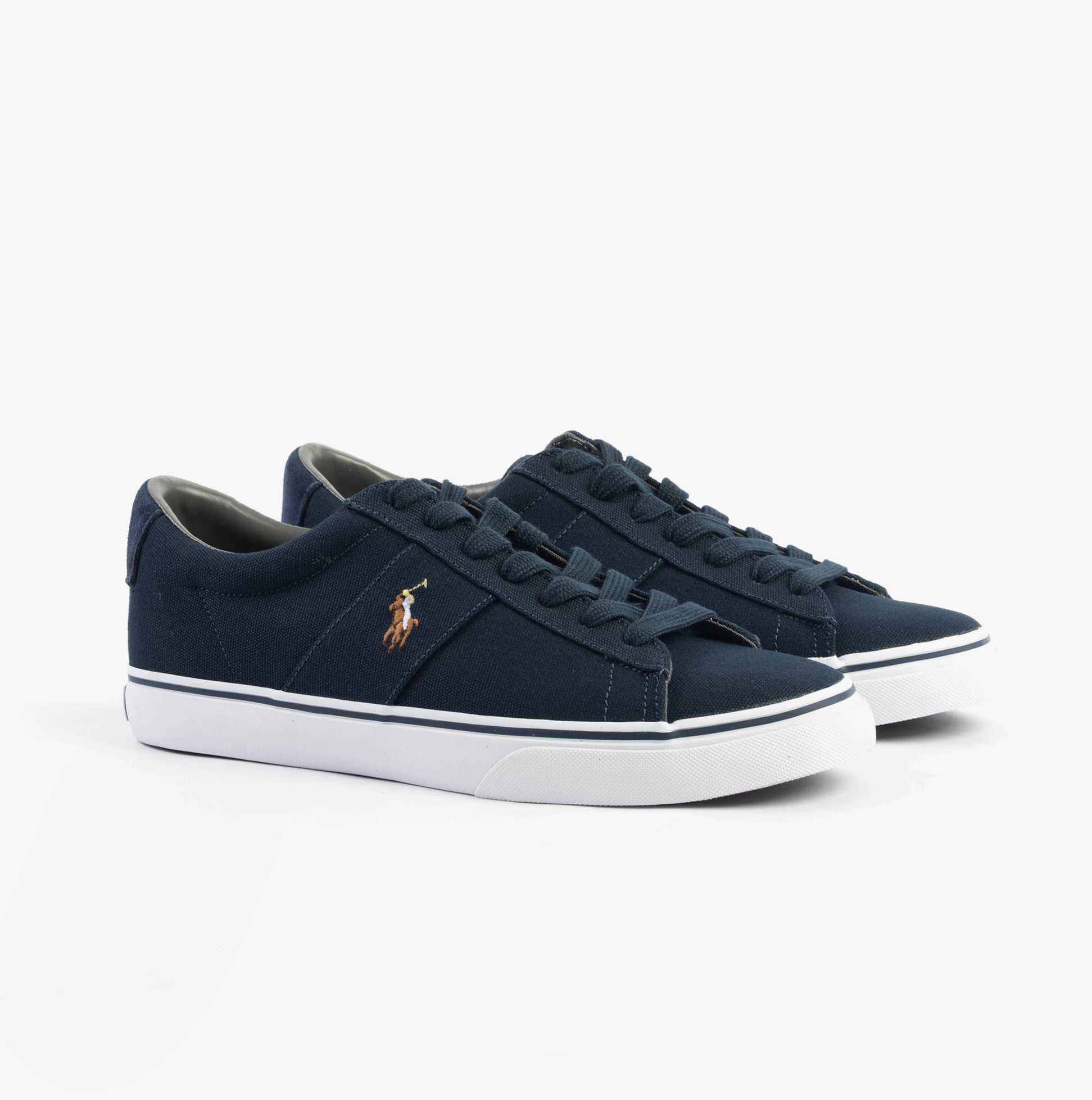 Polo Ralph Lauren SAYER Mens Trainers Aviator Navy side view showing lace-up closure and canvas upper design.