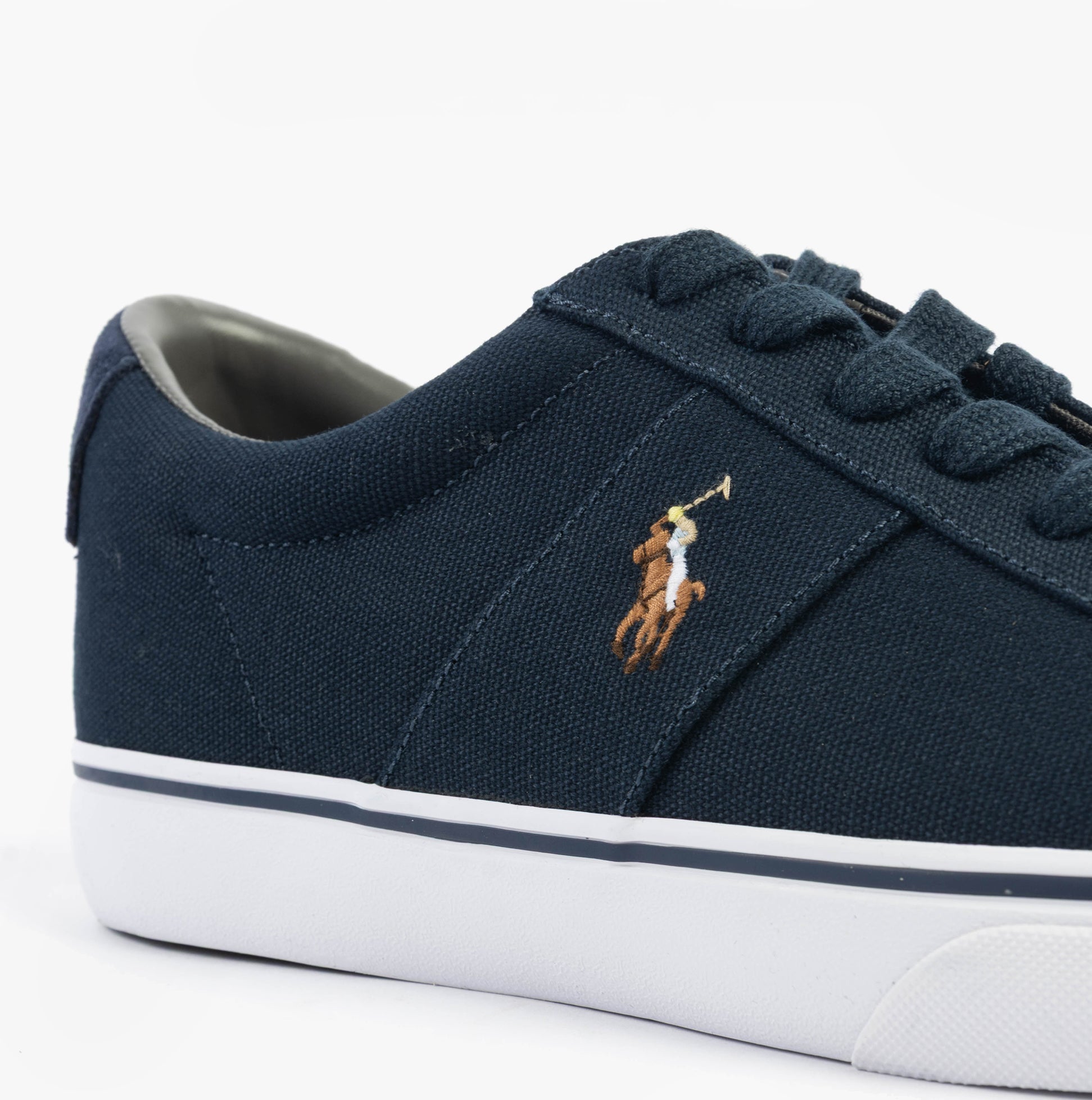 Polo Ralph Lauren SAYER Mens Trainers Aviator Navy side view showcasing canvas upper and signature logo detail.