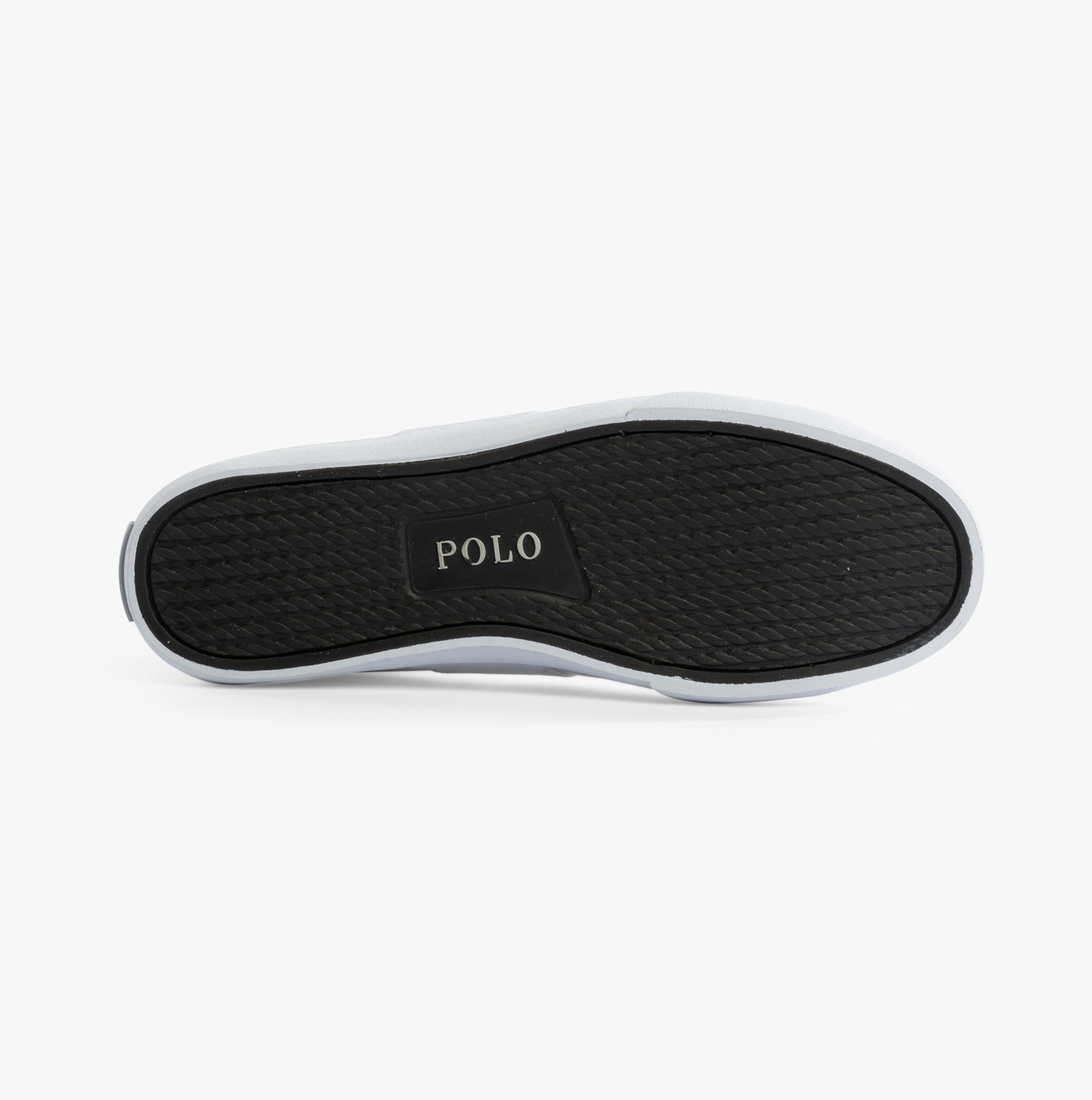 Polo Ralph Lauren SAYER Mens Trainers White bottom view showing rubber sole with branding, featuring a textured pattern.