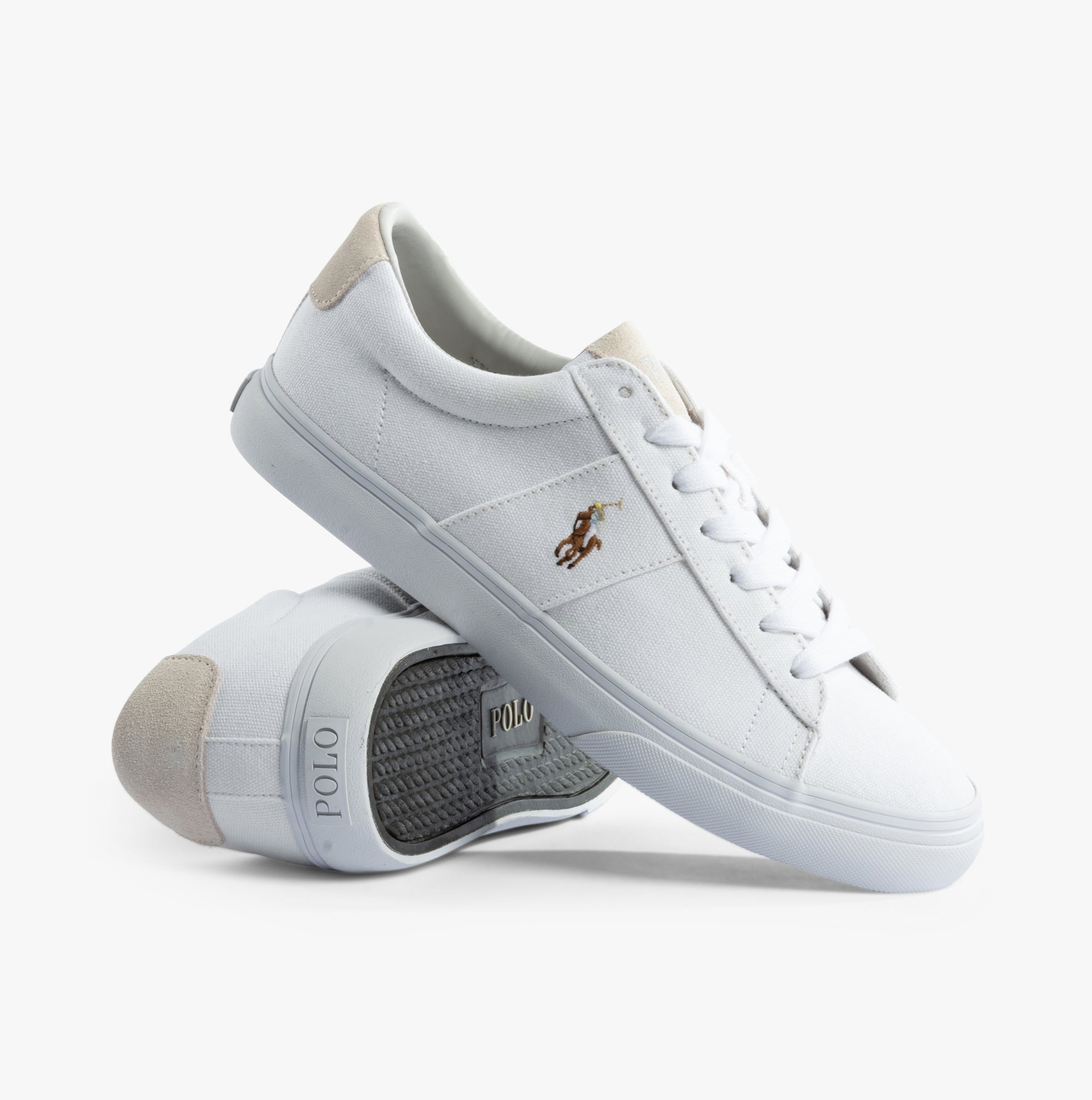 Polo Ralph Lauren SAYER Mens Trainers White side view showing the canvas and leather design, lace-up closure, and rubber sole.