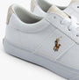 Polo Ralph Lauren SAYER Mens Trainers White close-up detail view showcasing the canvas upper and embroidered logo.