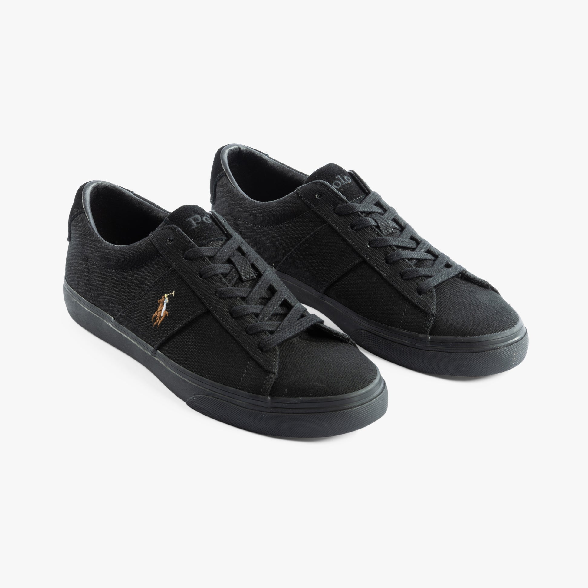 Polo Ralph Lauren SAYER Mens Trainers Black/Black side view showing lace-up closure and canvas upper.