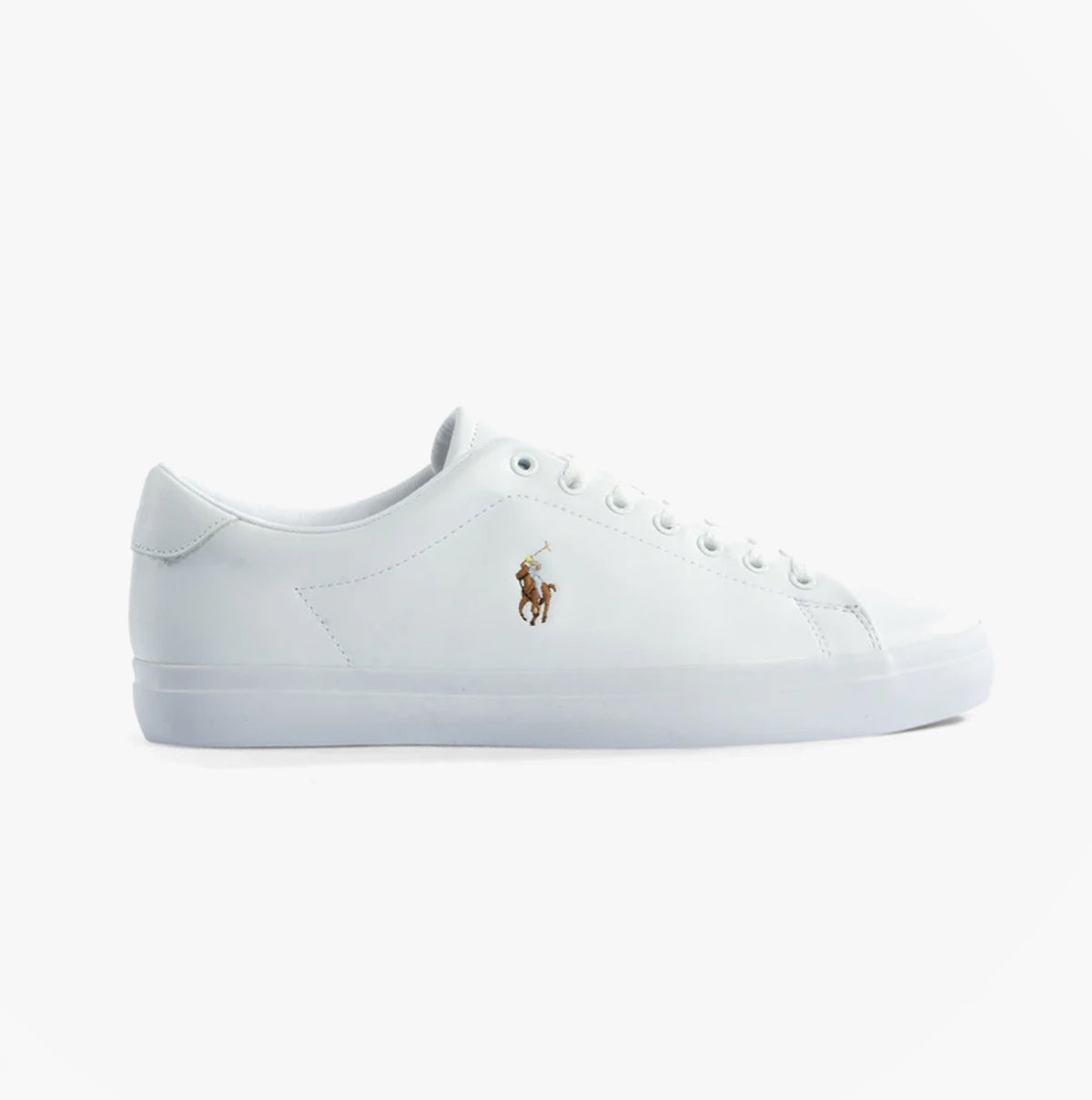 Polo Ralph Lauren LONGWOOD Mens Trainers White/White side view showcasing leather upper and lace-up closure.