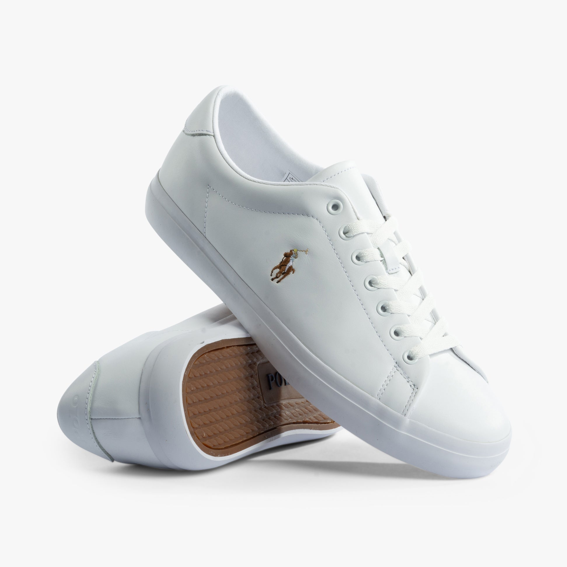 Polo Ralph Lauren LONGWOOD Mens Trainers White/White side view showcasing lace-up closure and round toe design.