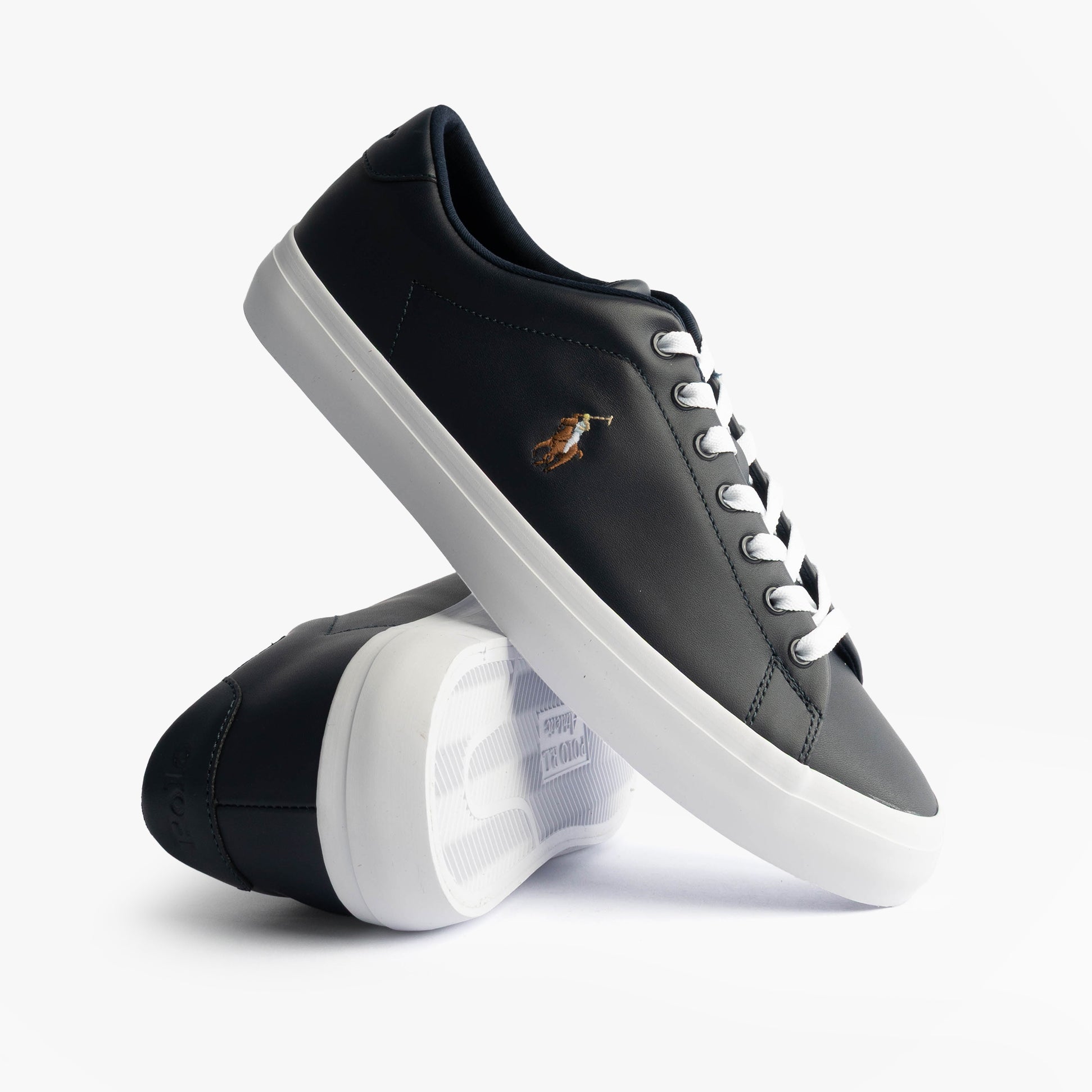 Polo Ralph Lauren LONGWOOD Mens Trainers Hunter Navy side view showcasing leather upper and lace-up closure.