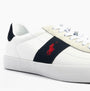 Polo Ralph Lauren COURT VLC II Mens Trainers White/Navy/Red side view showing leather upper and signature logo detail.