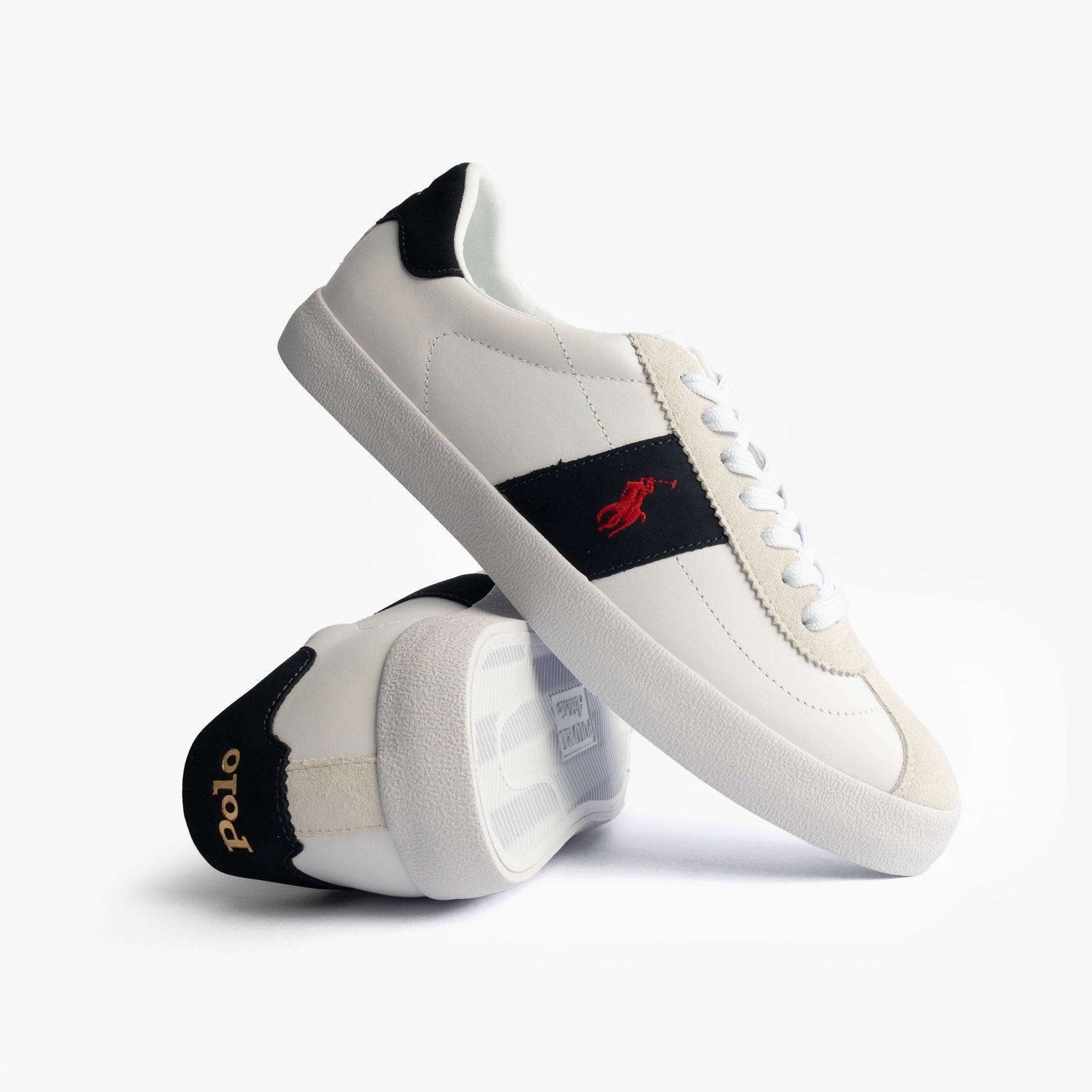 Polo Ralph Lauren COURT VLC II Mens Trainers White/Navy/Red side view with logo and low-top design.