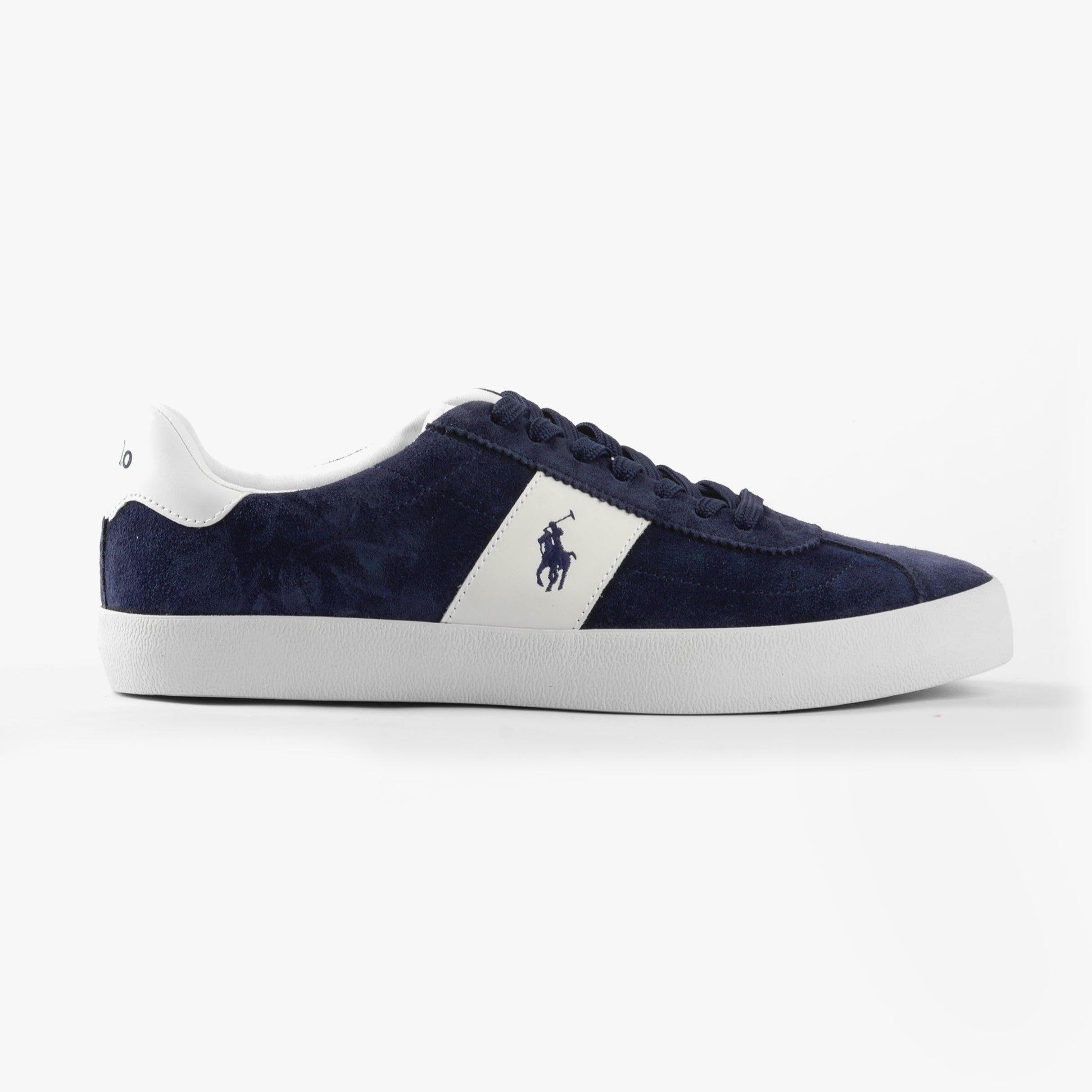 Polo Ralph Lauren COURT VLC Mens Trainers Navy side view showing lace-up design and rubber sole.