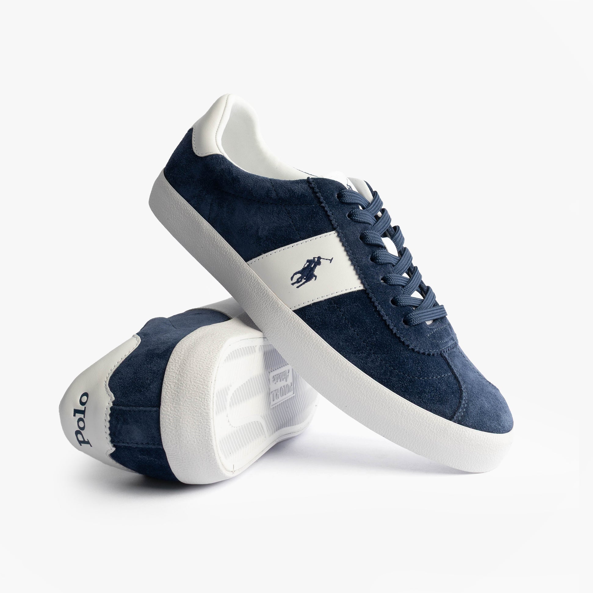 Polo Ralph Lauren COURT VLC Mens Trainers Navy side view showing lace-up closure and rubber sole.