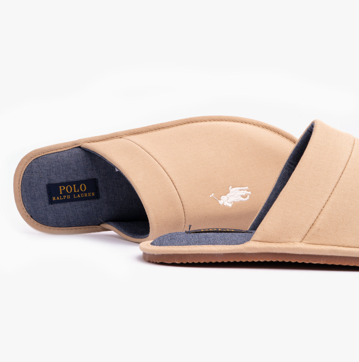 Polo Ralph Lauren KLARENCE Mens Mules Bone side view showcasing cotton upper and slip-on design.