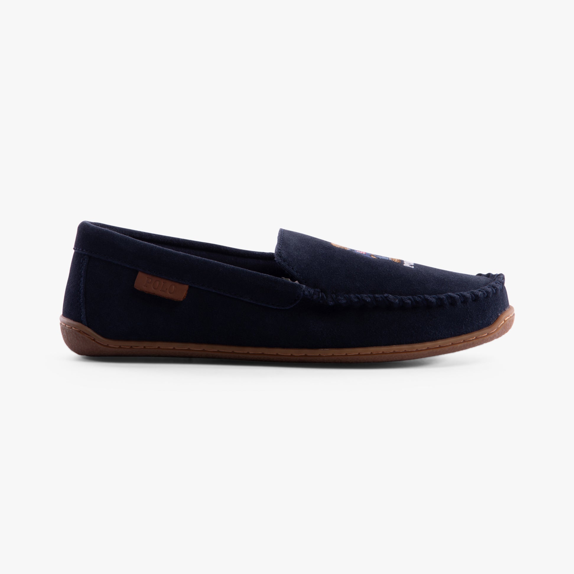 Polo Ralph Lauren BRENAN BEAR Mens Moccasin Slippers Navy Suede side view featuring suede upper and rubber sole.