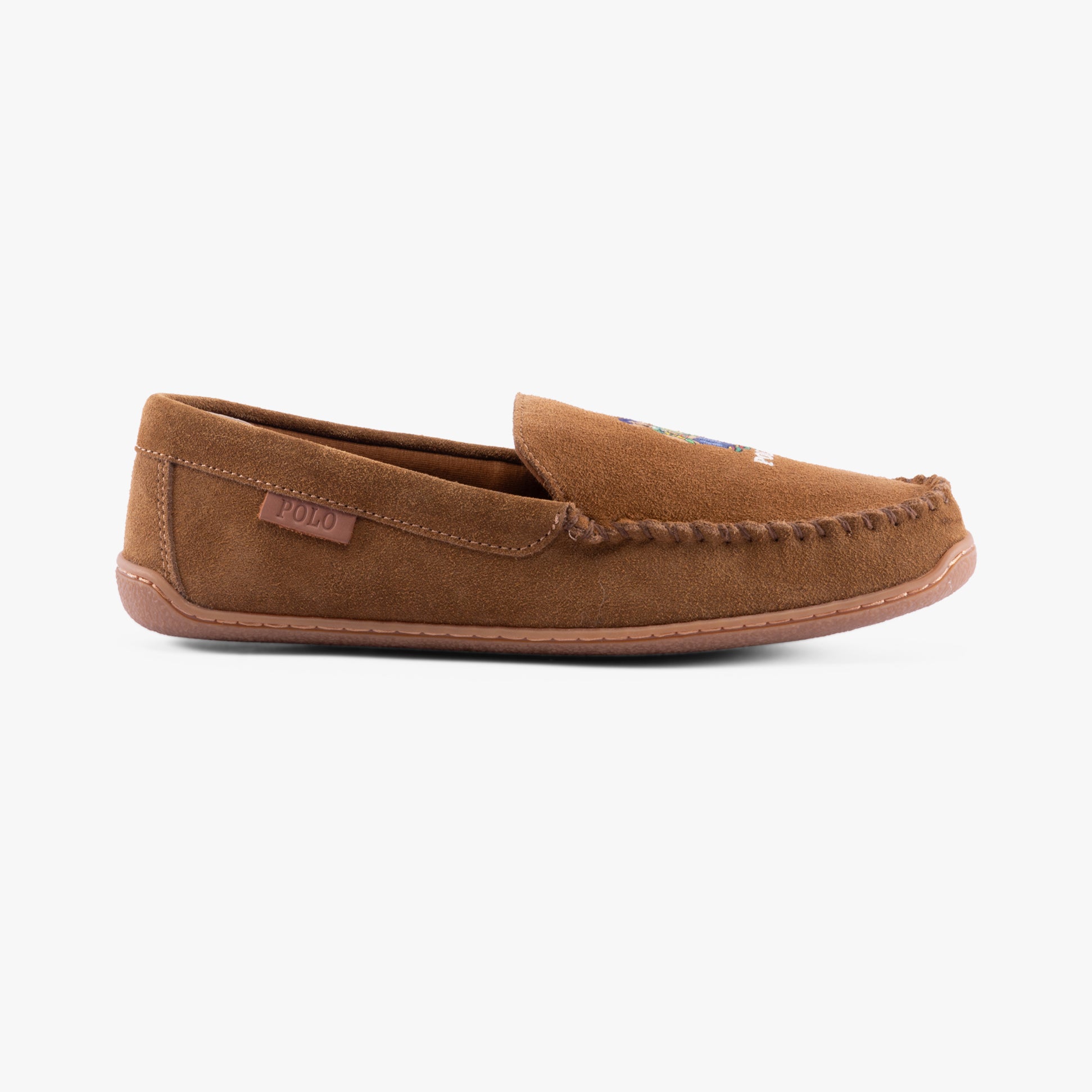 Polo Ralph Lauren BRENAN BEAR Mens Moccasin Slippers Brown side view showcasing suede upper and slip-on design.