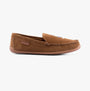 Polo Ralph Lauren BRENAN BEAR Mens Moccasin Slippers Brown side view showcasing suede upper and slip-on design.