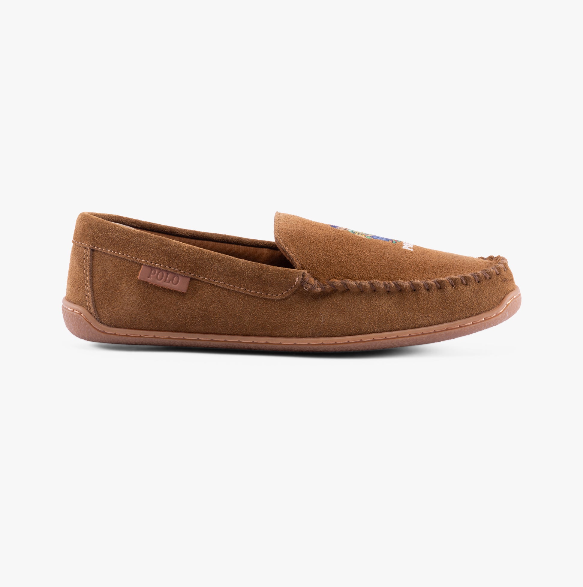 Polo Ralph Lauren BRENAN BEAR Mens Moccasin Slippers Brown side view showcasing suede upper and slip-on design.