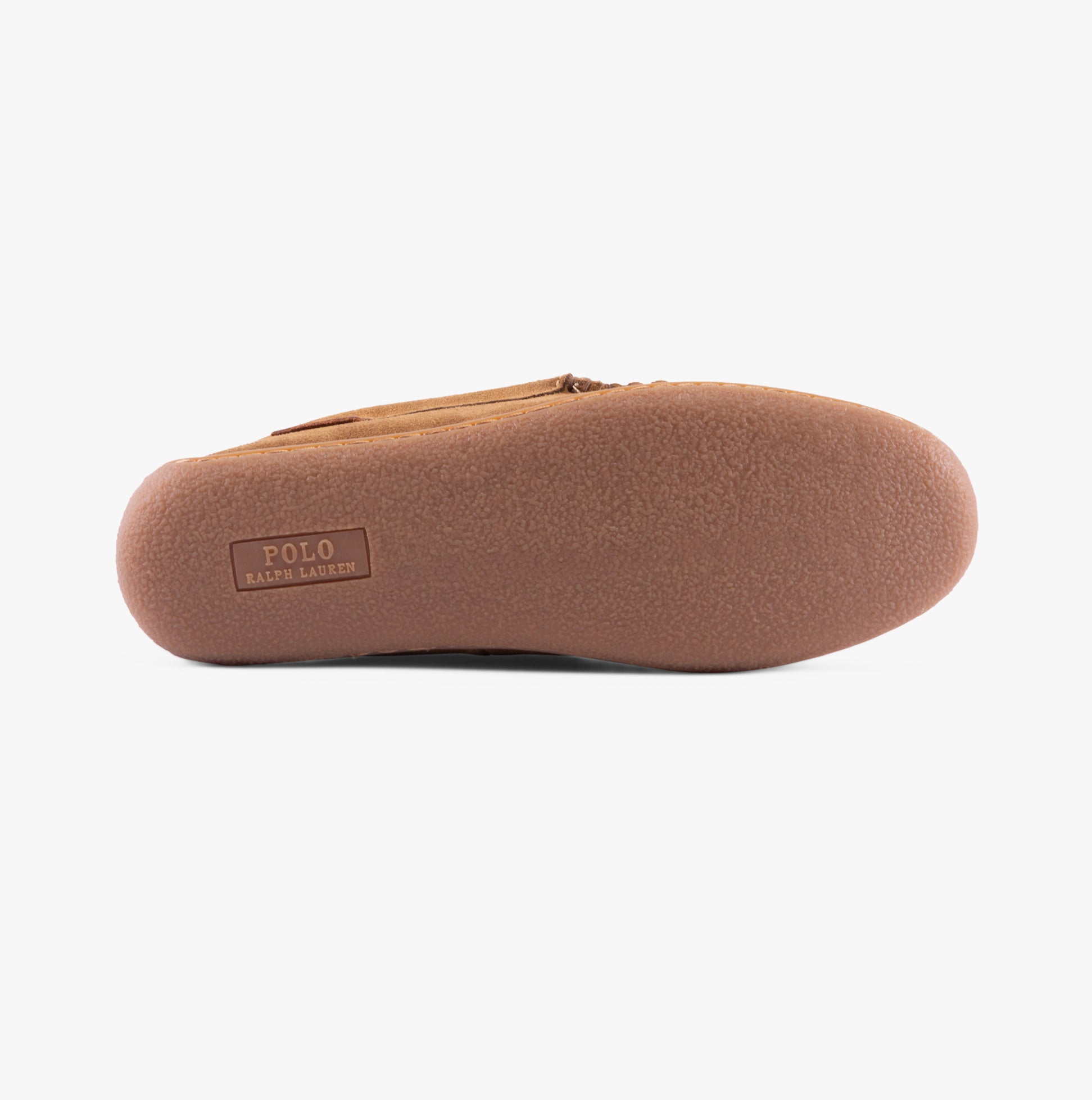 Polo Ralph Lauren BRENAN BEAR Mens Moccasin Slippers Brown bottom view showing rubber sole and brand logo.