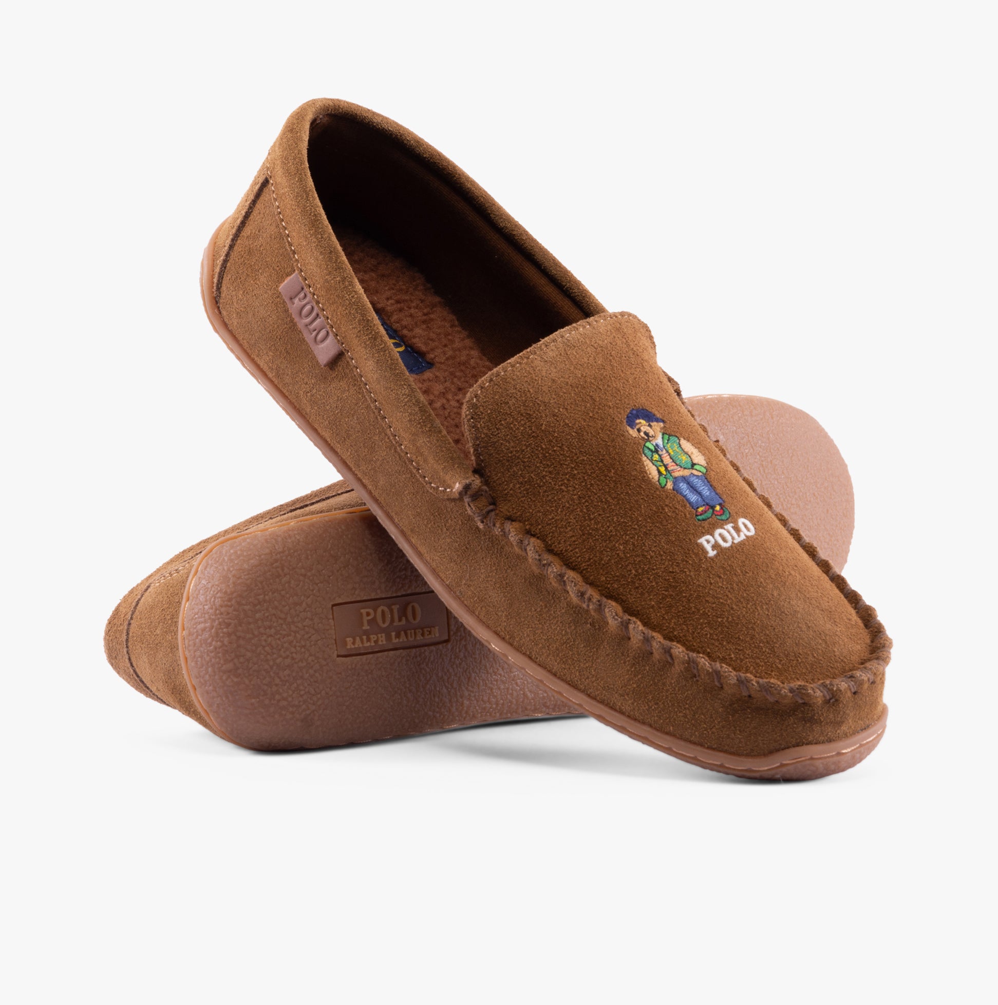 Polo Ralph Lauren BRENAN BEAR Mens Moccasin Slippers Brown side view showing soft suede upper and embroidered logo