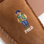 Polo Ralph Lauren BRENAN BEAR Mens Moccasin Slippers Brown detail view of embroidered bear design on suede upper