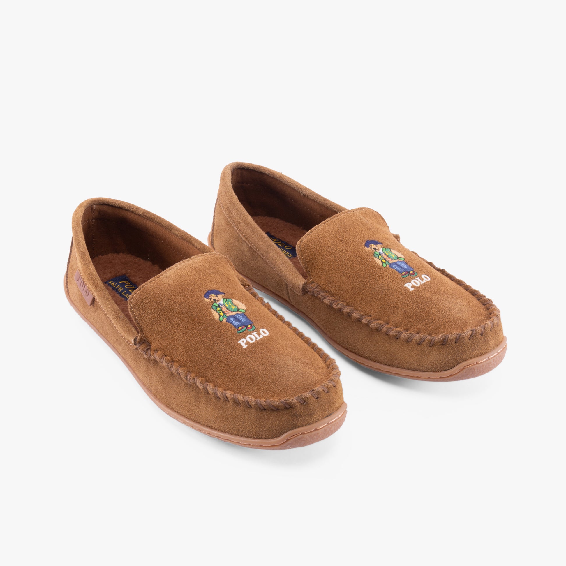 Polo Ralph Lauren BRENAN BEAR Mens Moccasin Slippers Brown side view showcasing suede material and embroidered bear.